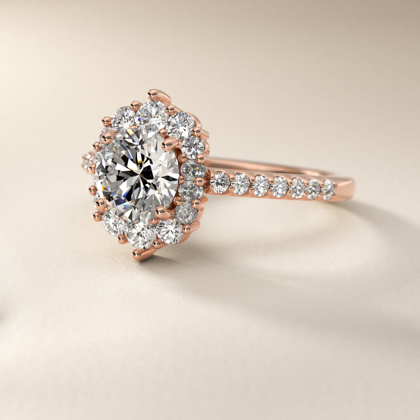 Graduated Diamond Halo Engagement Ring In 14K Rose Gold By James Allen - Round Center