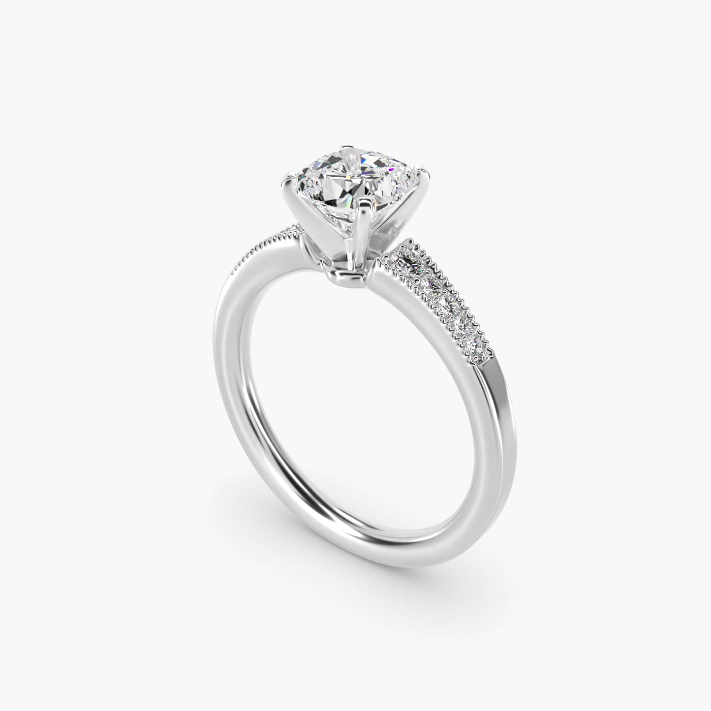 Graduated Milgrain Diamond Engagement Ring in 18k White Gold (1/10 ct. tw.) - Cushion Center