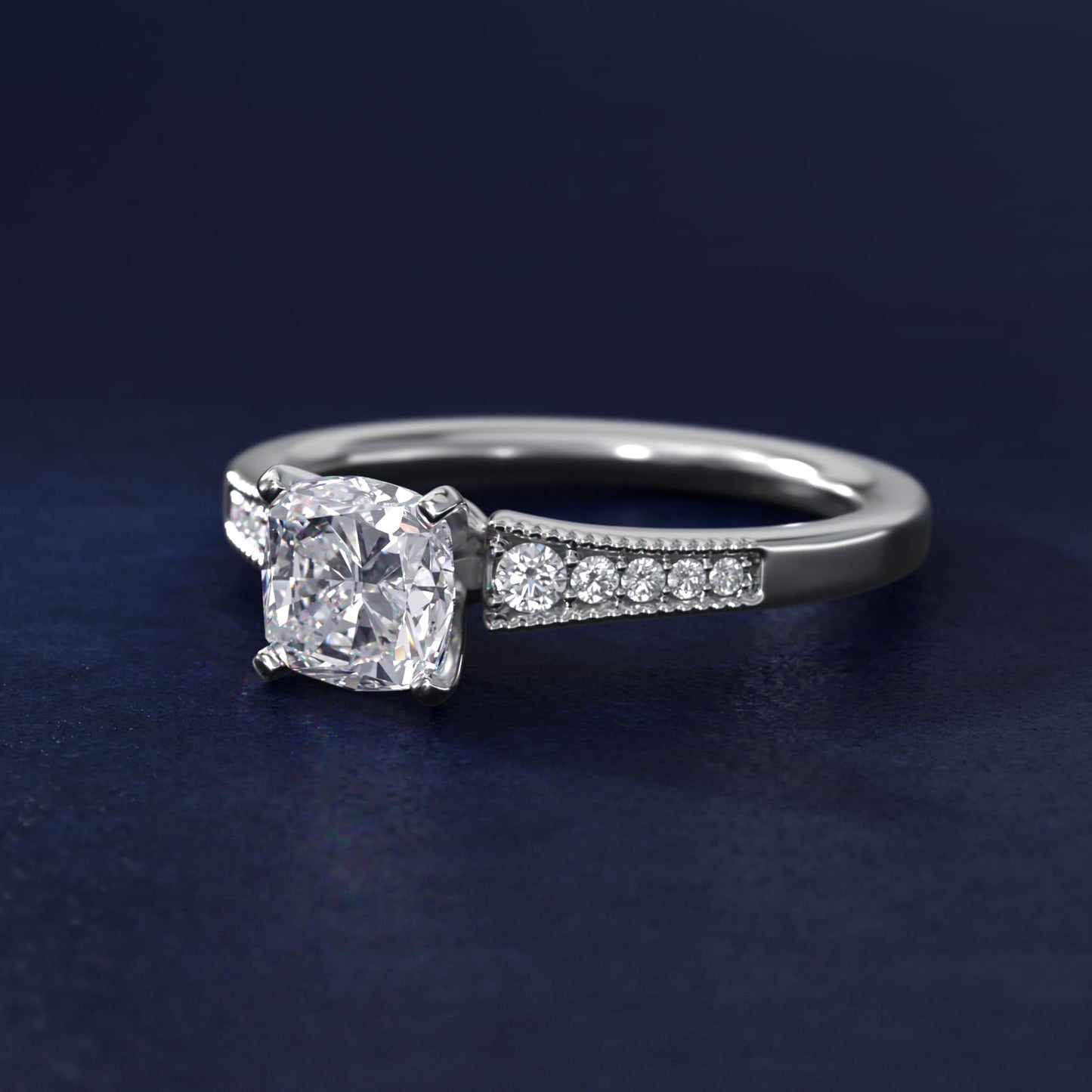 Graduated Milgrain Diamond Engagement Ring in 14k White Gold (1/10 ct. tw.) - Cushion Center