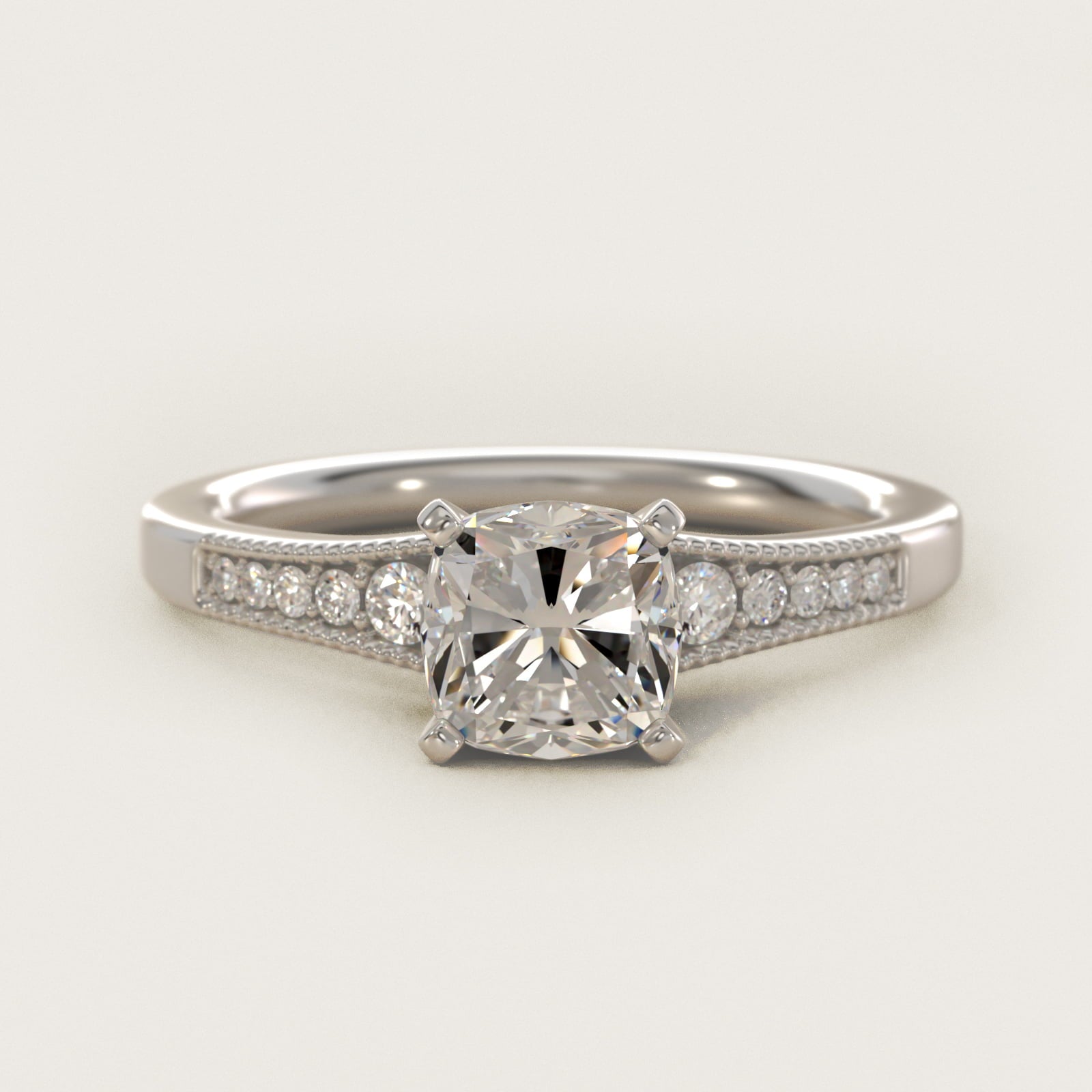 Graduated Milgrain Diamond Engagement Ring in 14k White Gold (1/10 ct. tw.) - Cushion Center