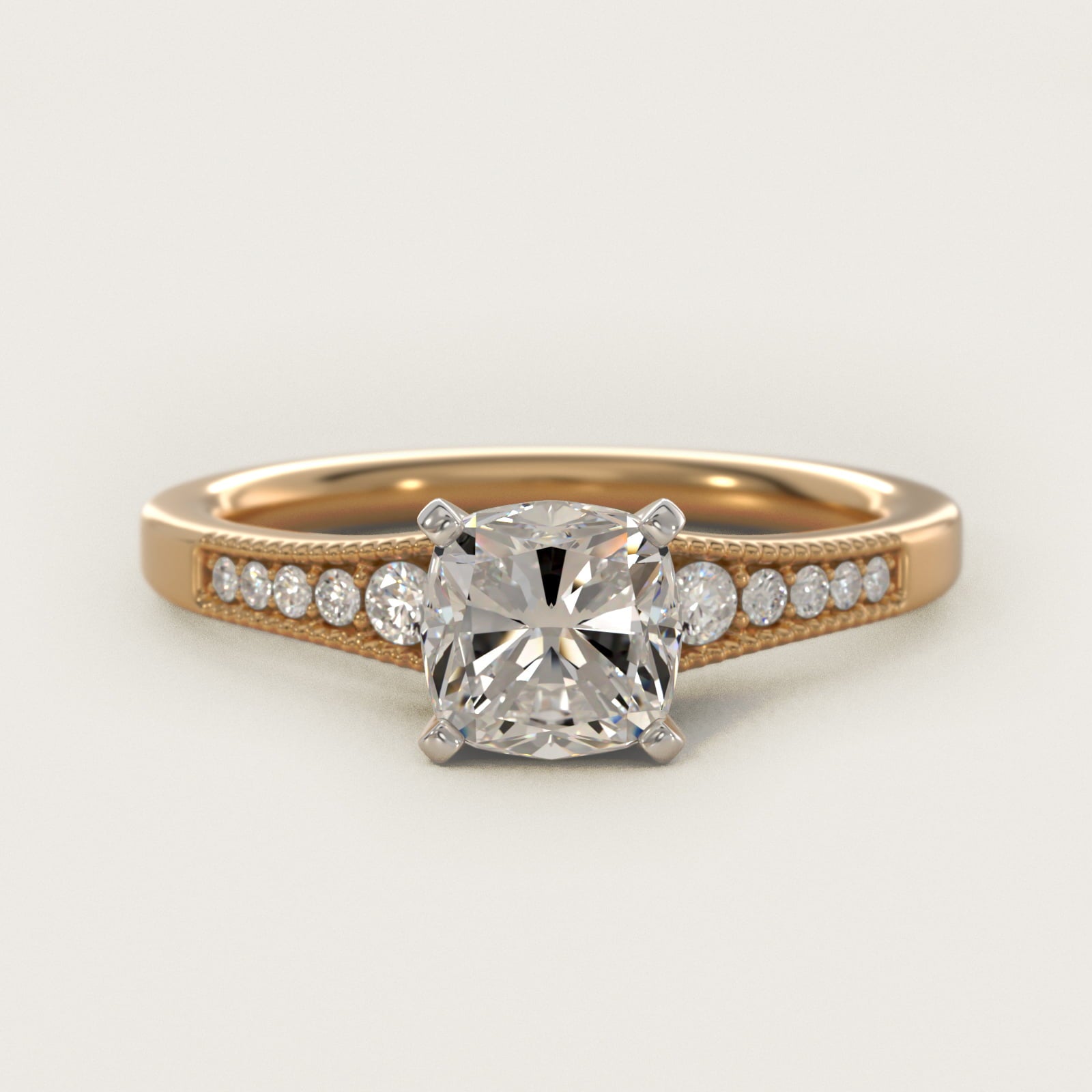 Graduated Milgrain Diamond Engagement Ring in 14k Yellow Gold (1/10 ct. tw.) - Cushion Center