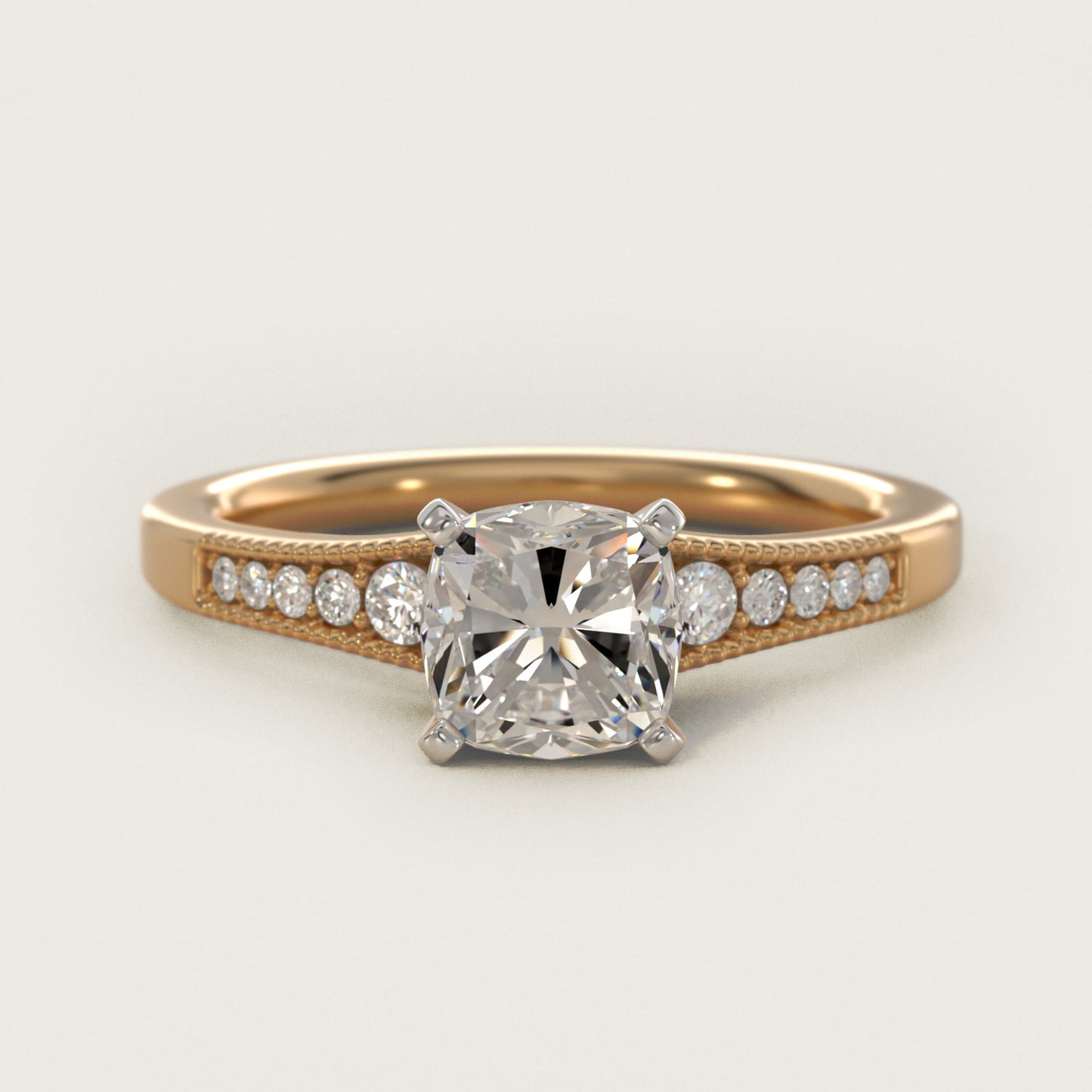 Graduated Milgrain Diamond Engagement Ring in 18k Yellow Gold (1/10 ct. tw.) - Cushion Center