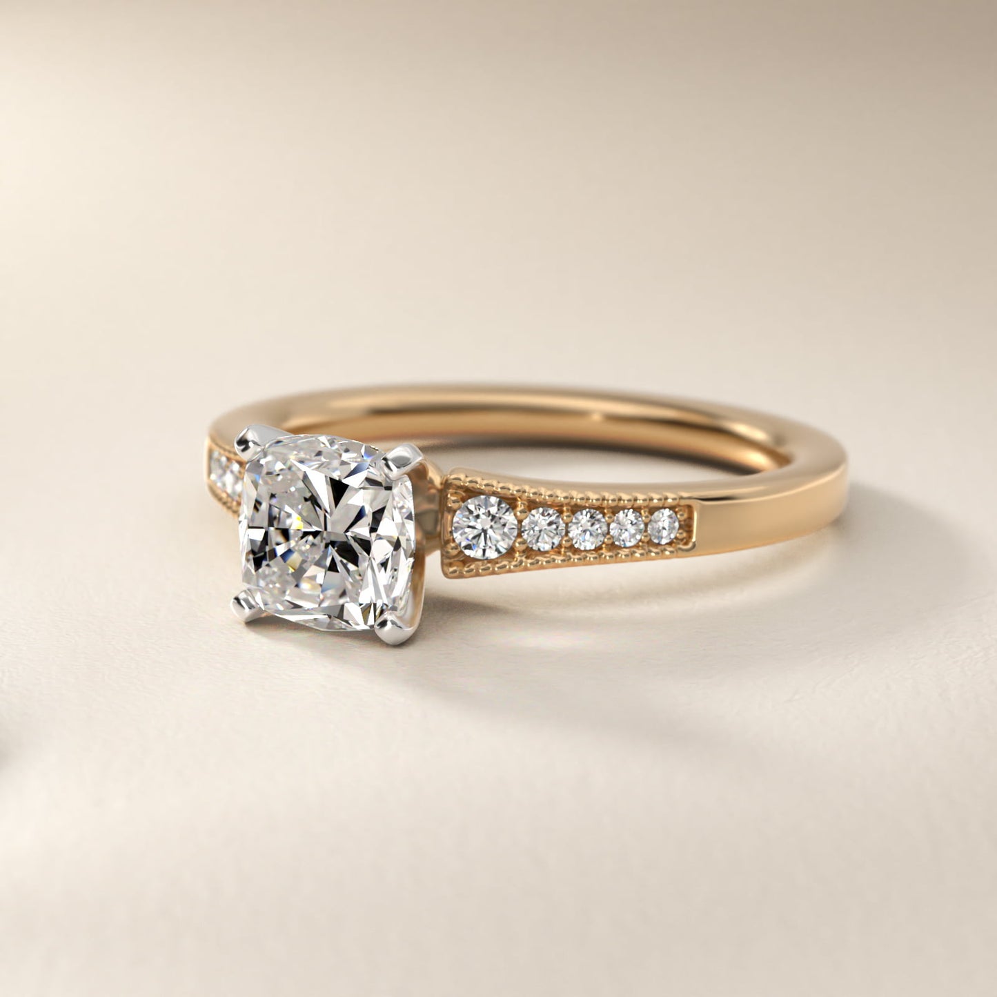 Graduated Milgrain Diamond Engagement Ring in 14k Yellow Gold (1/10 ct. tw.) - Cushion Center