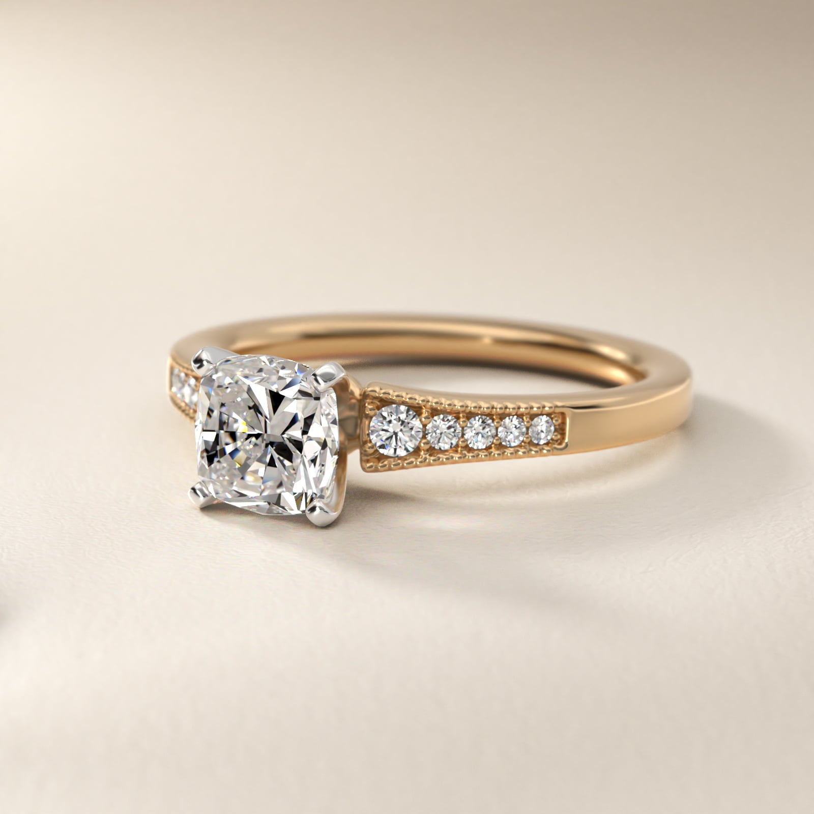 Graduated Milgrain Diamond Engagement Ring in 18k Yellow Gold (1/10 ct. tw.) - Cushion Center