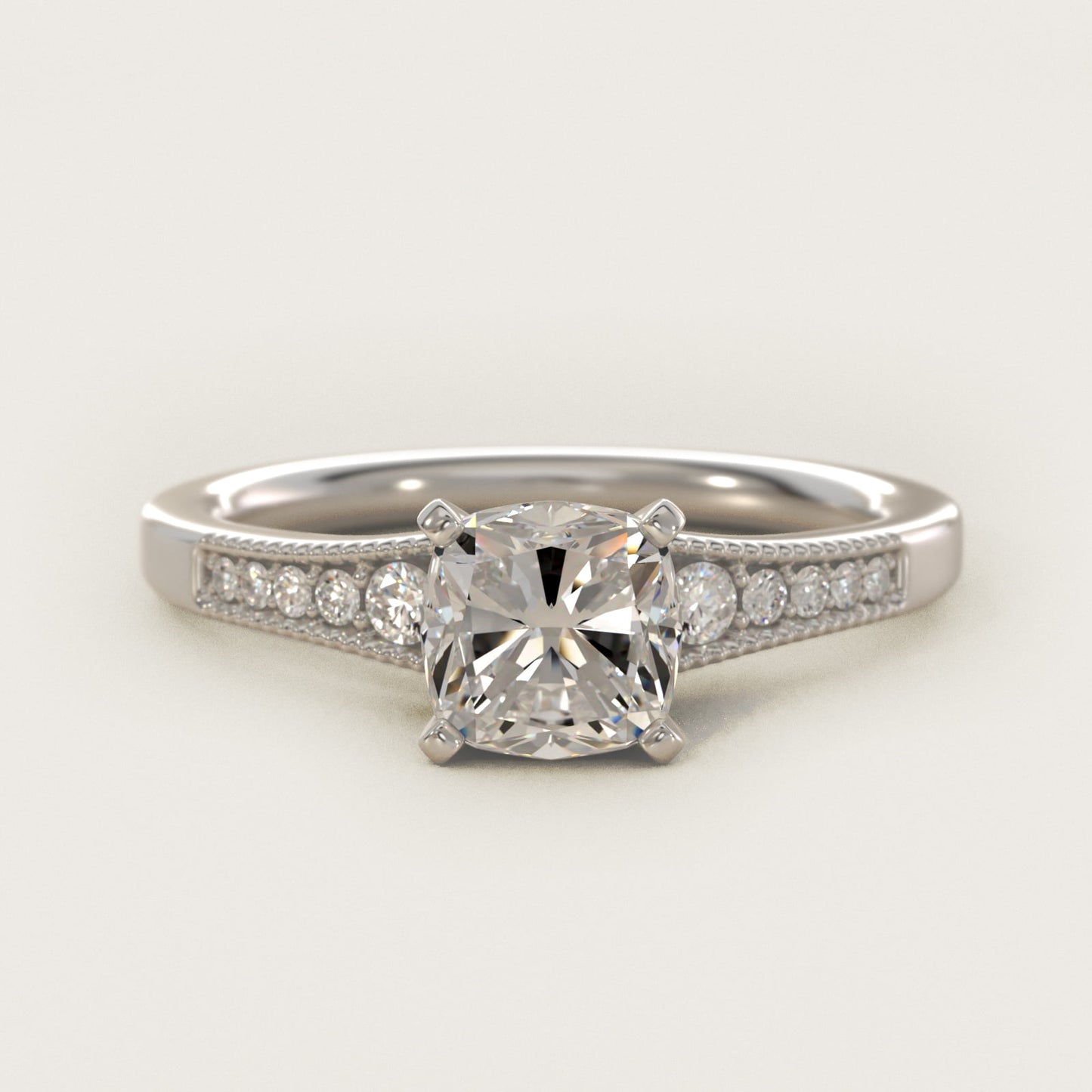 Graduated Milgrain Diamond Engagement Ring in Platinum (1/10 ct. tw.) - Cushion Center