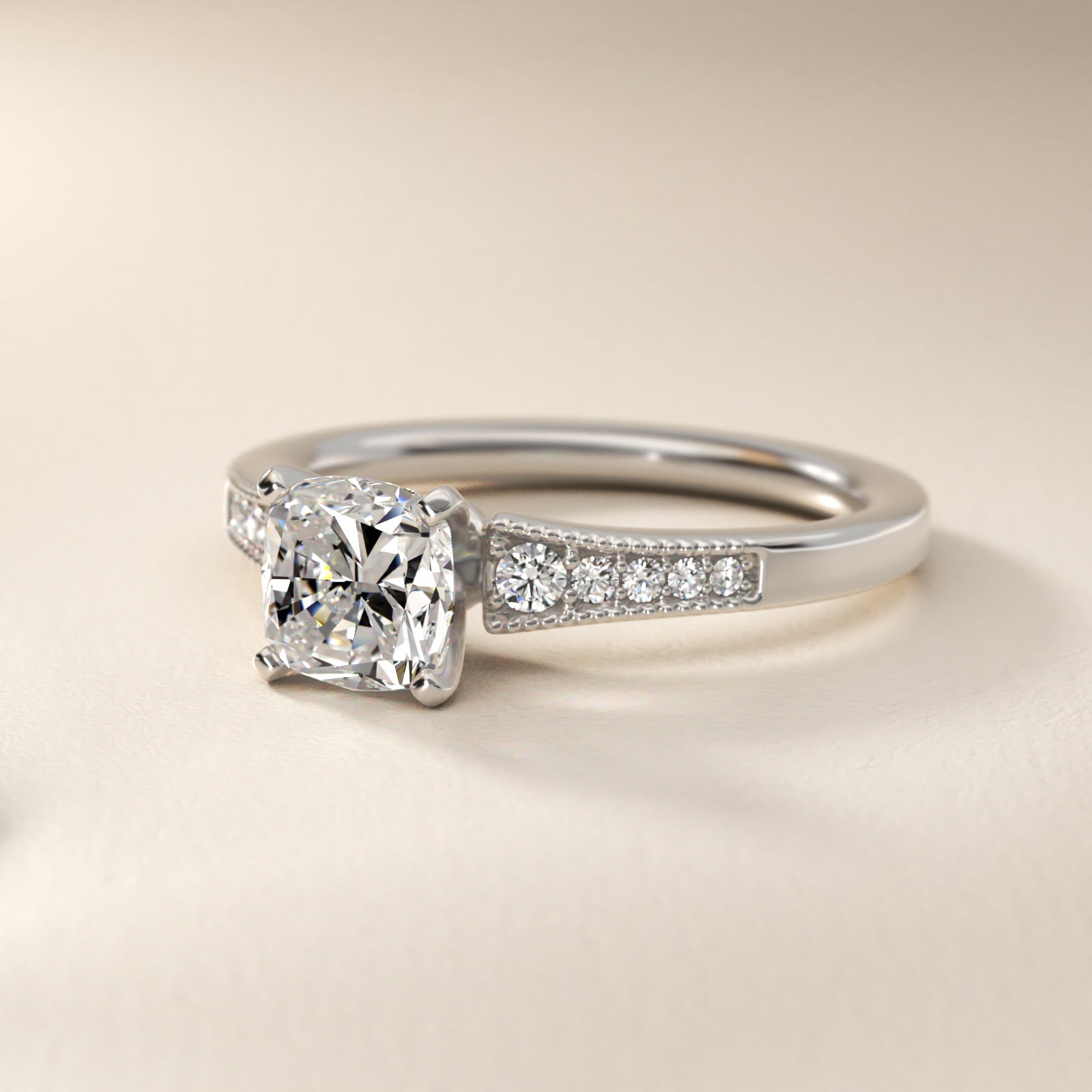 Graduated Milgrain Diamond Engagement Ring in Platinum (1/10 ct. tw.) - Cushion Center