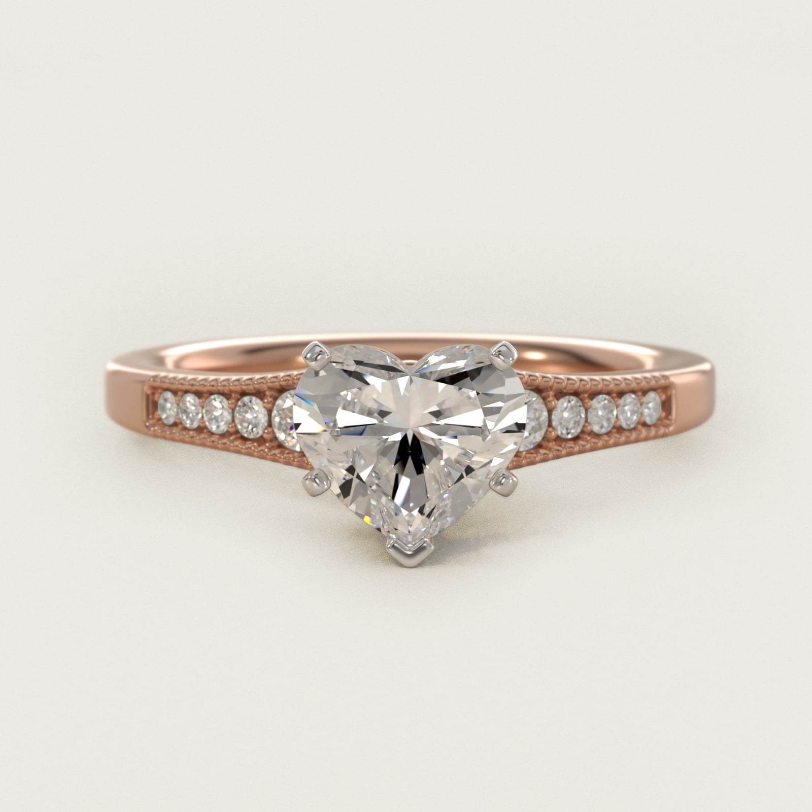 Graduated Milgrain Diamond Engagement Ring in 14k Rose Gold (1/10 ct. tw.) - Heart Center