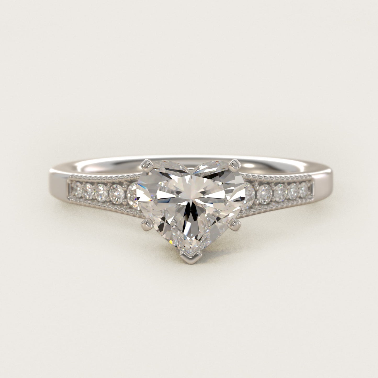 Graduated Milgrain Diamond Engagement Ring in 18k White Gold (1/10 ct. tw.) - Heart Center