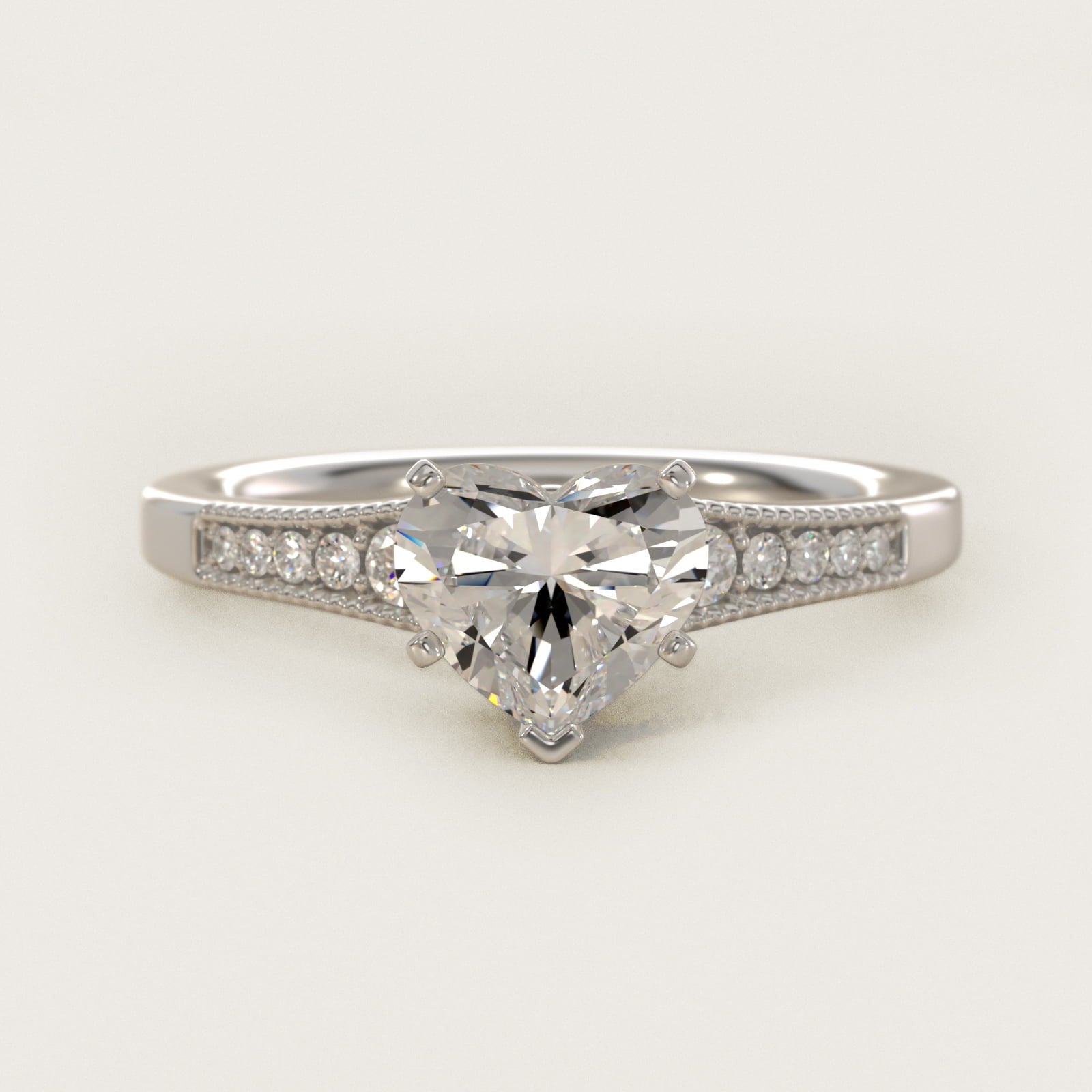 Graduated Milgrain Diamond Engagement Ring in 18k White Gold (1/10 ct. tw.) - Heart Center