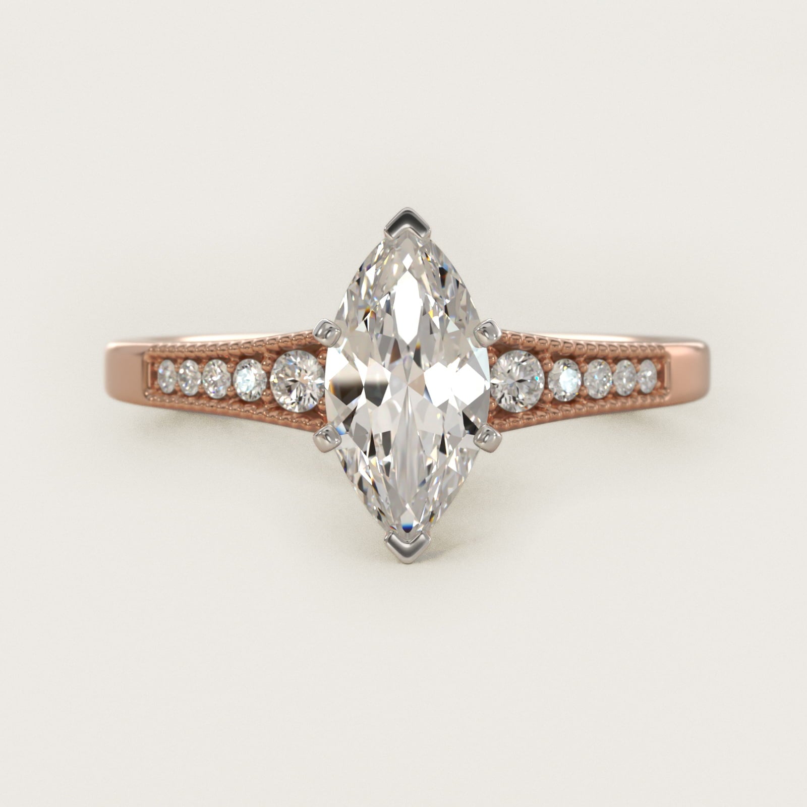 Graduated Milgrain Diamond Engagement Ring in 14k Rose Gold (1/10 ct. tw.) - Marquise Center