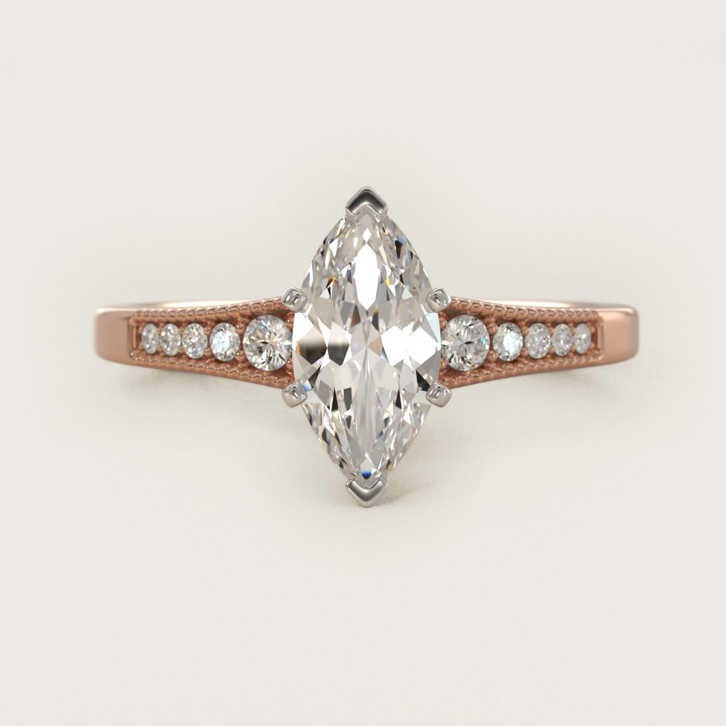Graduated Milgrain Diamond Engagement Ring in 18k Rose Gold (1/10 ct. tw.) - Marquise Center