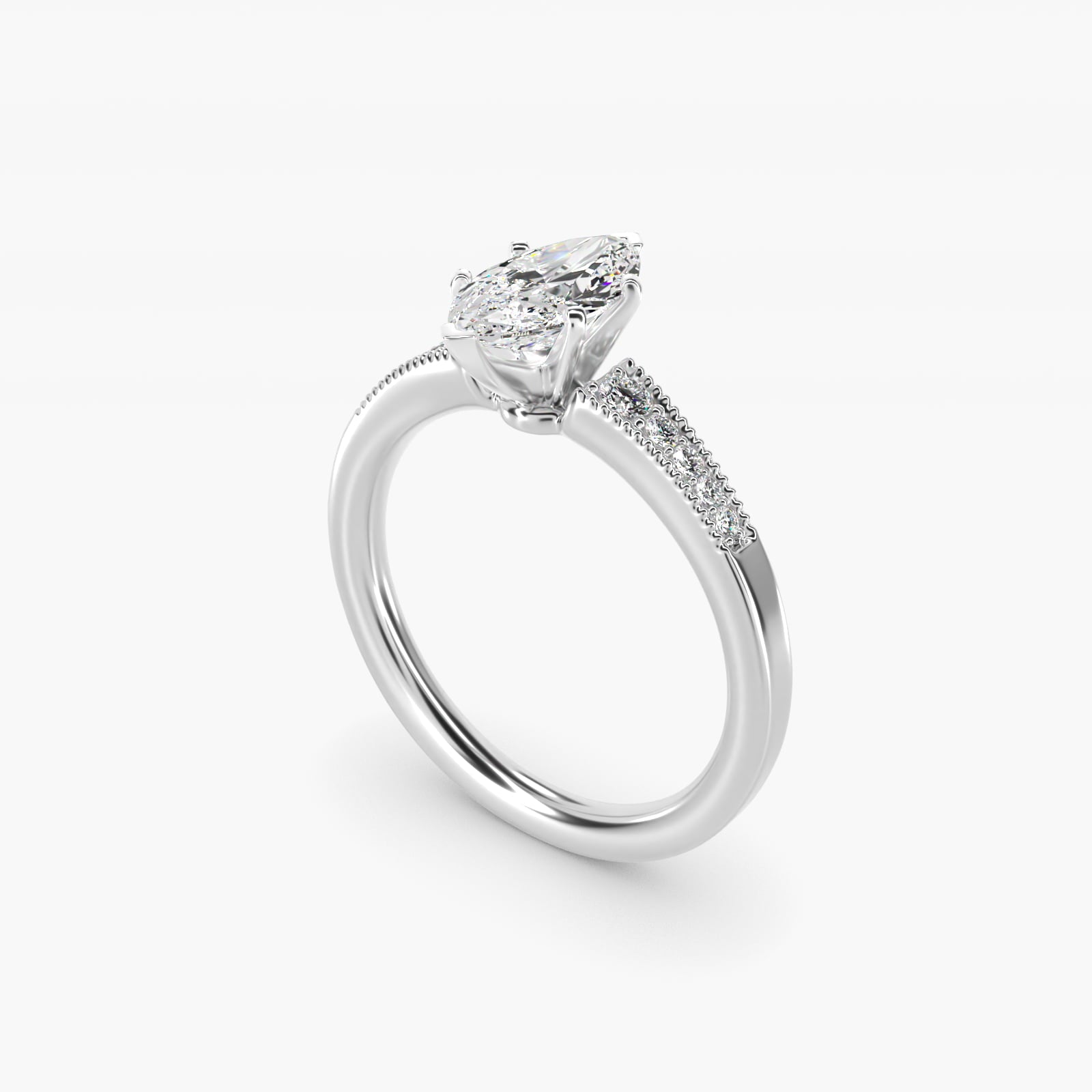 Graduated Milgrain Diamond Engagement Ring in 14k White Gold (1/10 ct. tw.) - Marquise Center