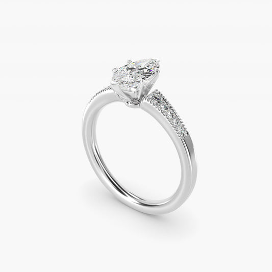Graduated Milgrain Diamond Engagement Ring in 18k White Gold (1/10 ct. tw.) - Marquise Center