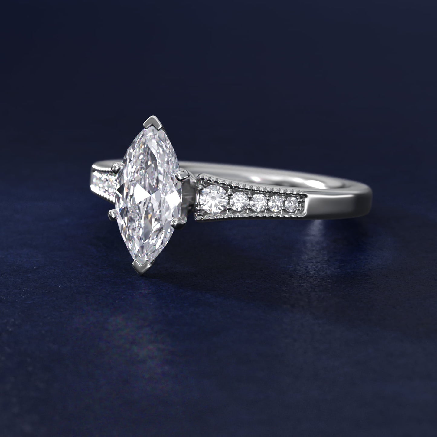 Graduated Milgrain Diamond Engagement Ring in 14k White Gold (1/10 ct. tw.) - Marquise Center