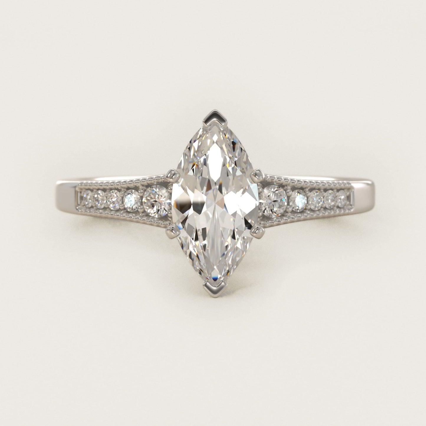 Graduated Milgrain Diamond Engagement Ring in 14k White Gold (1/10 ct. tw.) - Marquise Center
