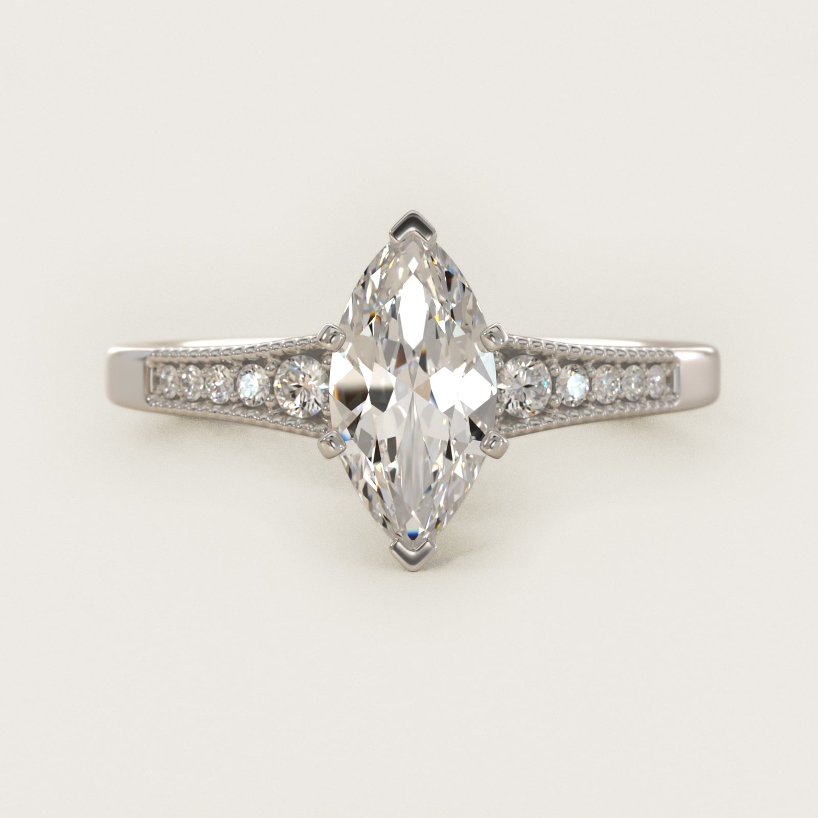 Graduated Milgrain Diamond Engagement Ring in 14k White Gold (1/10 ct. tw.) - Marquise Center