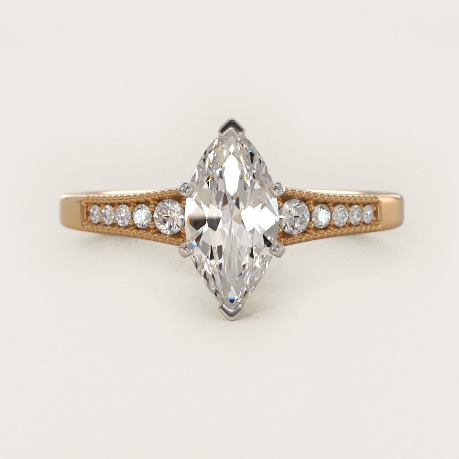 Graduated Milgrain Diamond Engagement Ring in 18k Yellow Gold (1/10 ct. tw.) - Marquise Center