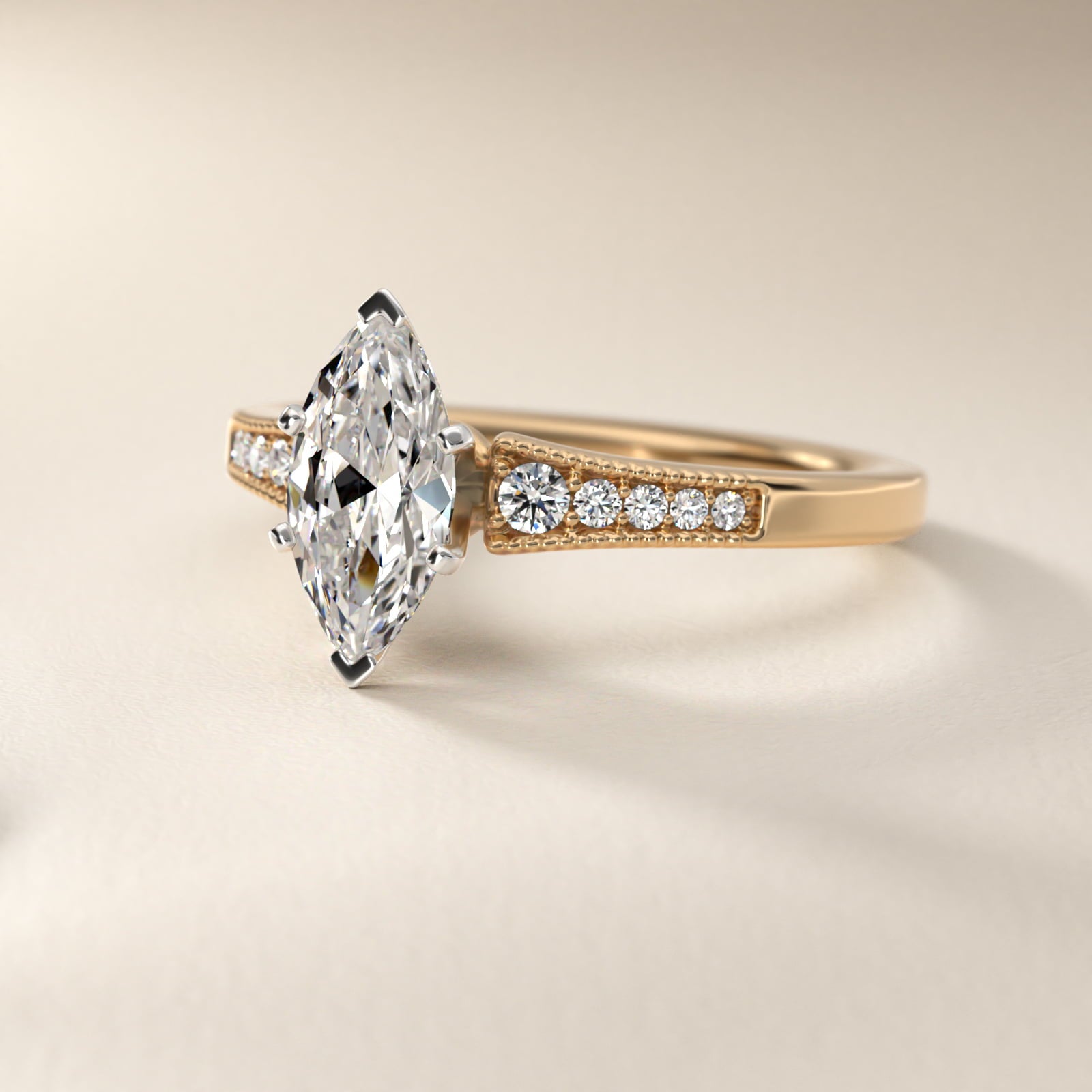 Graduated Milgrain Diamond Engagement Ring in 14k Yellow Gold (1/10 ct. tw.) - Marquise Center