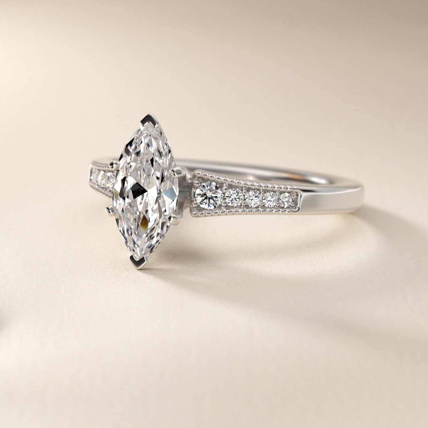 Graduated Milgrain Diamond Engagement Ring in Platinum (1/10 ct. tw.) - Marquise Center