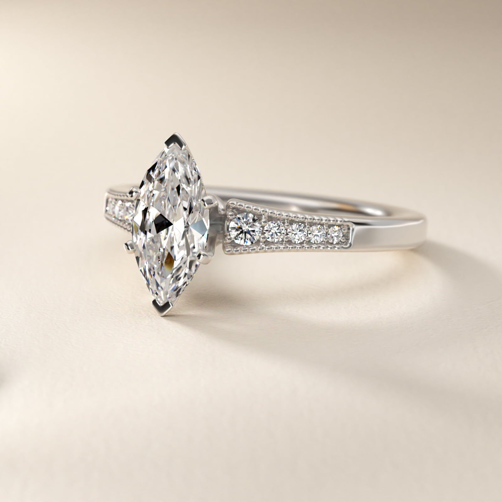 Graduated Milgrain Diamond Engagement Ring in Platinum (1/10 ct. tw.) - Marquise Center