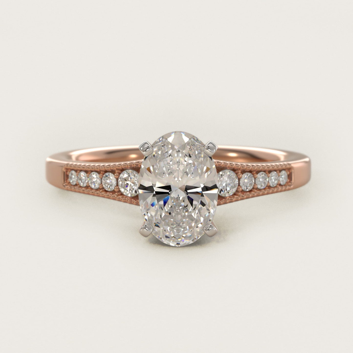 Graduated Milgrain Diamond Engagement Ring in 18k Rose Gold (1/10 ct. tw.) - Oval Center