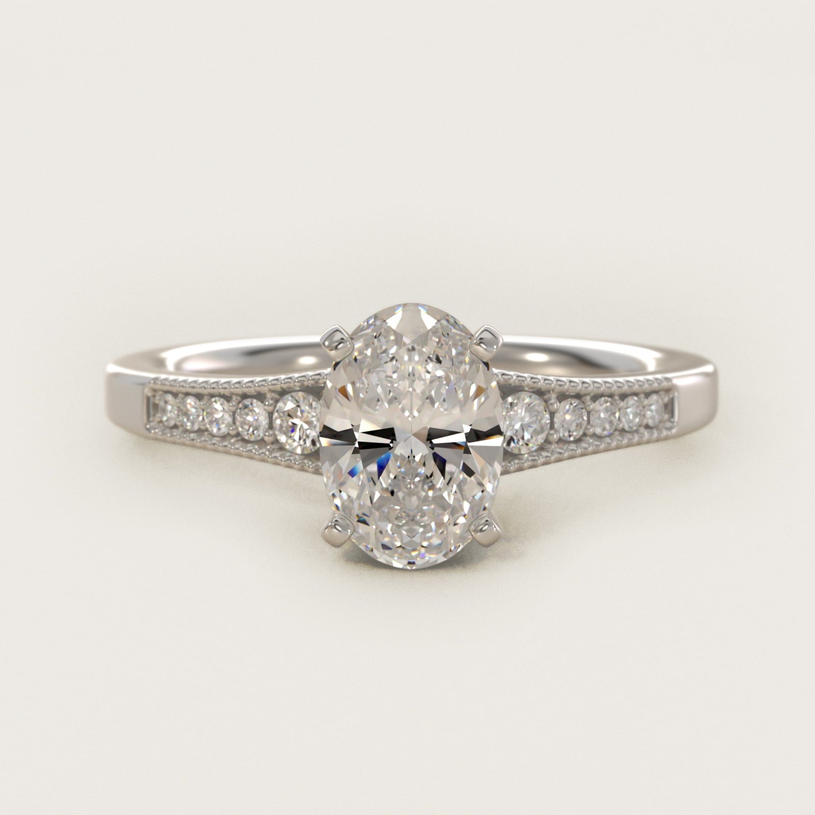 Graduated Milgrain Diamond Engagement Ring in 14k White Gold (1/10 ct. tw.) - Oval Center