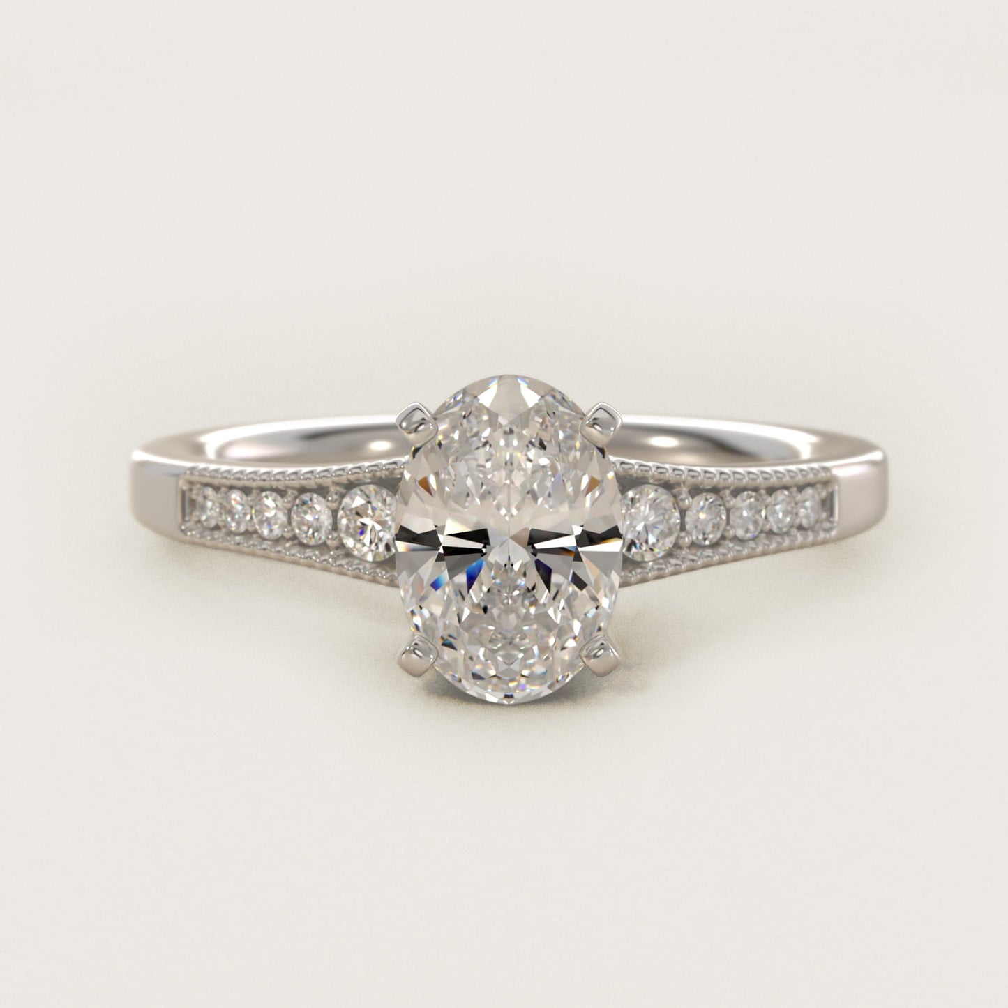 Graduated Milgrain Diamond Engagement Ring in 18k White Gold (1/10 ct. tw.) - Oval Center