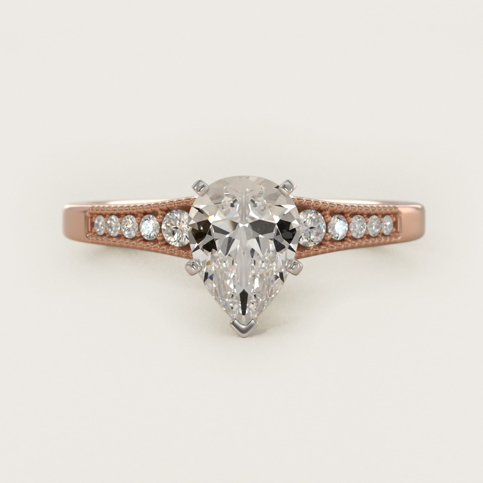 Graduated Milgrain Diamond Engagement Ring in 14k Rose Gold (1/10 ct. tw.) - Pear Center