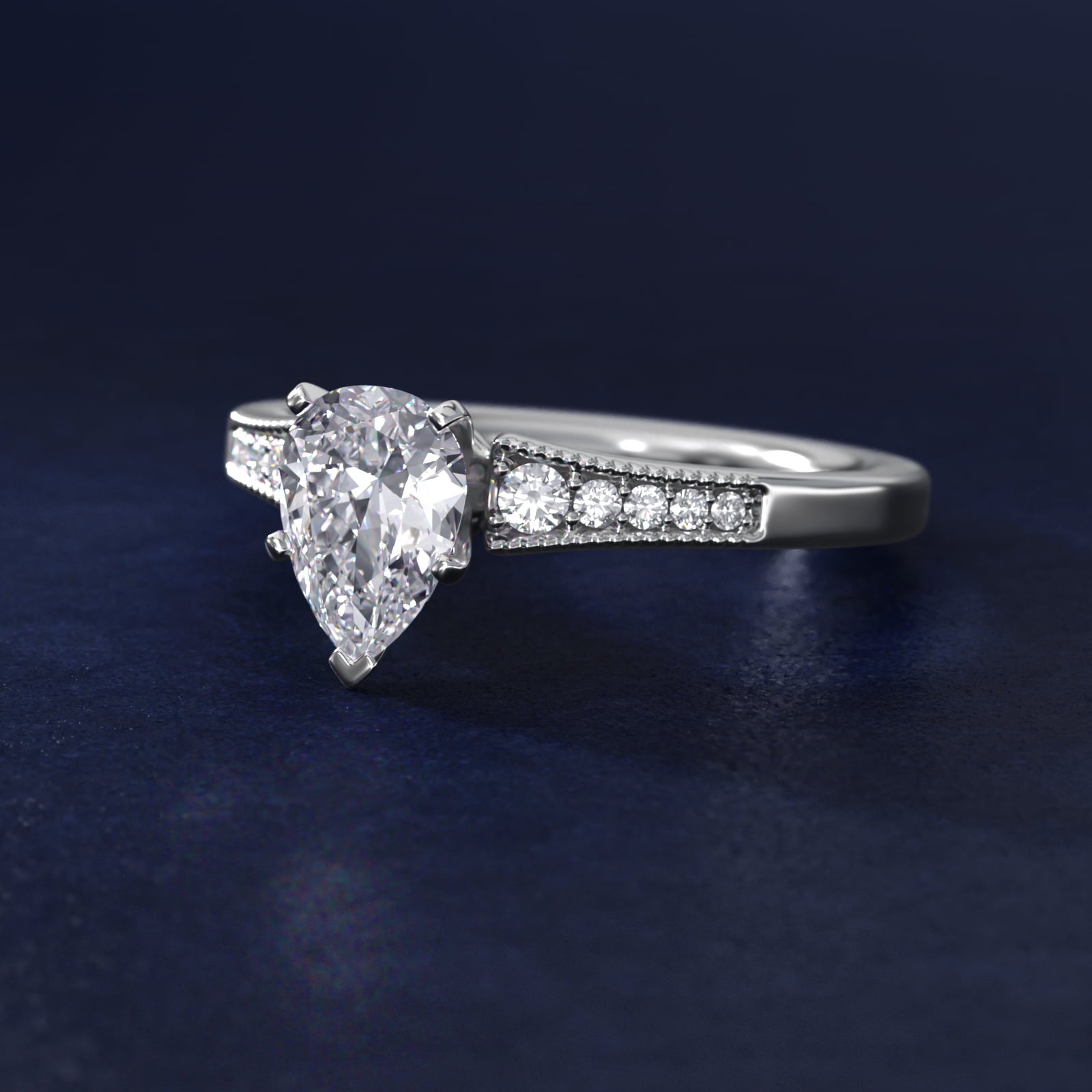 Graduated Milgrain Diamond Engagement Ring in 18k White Gold (1/10 ct. tw.) - Pear Center