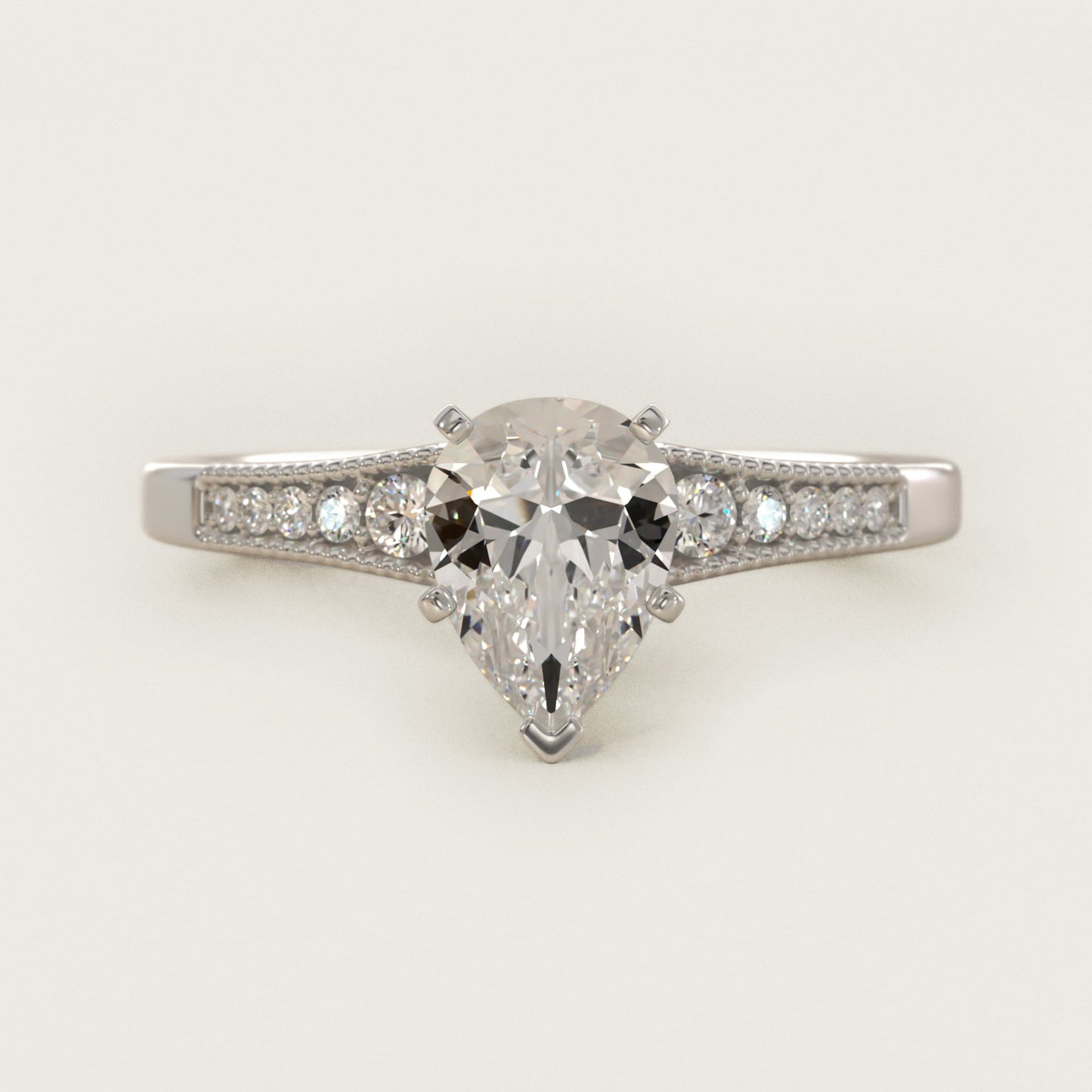 Graduated Milgrain Diamond Engagement Ring in 14k White Gold (1/10 ct. tw.) - Pear Center