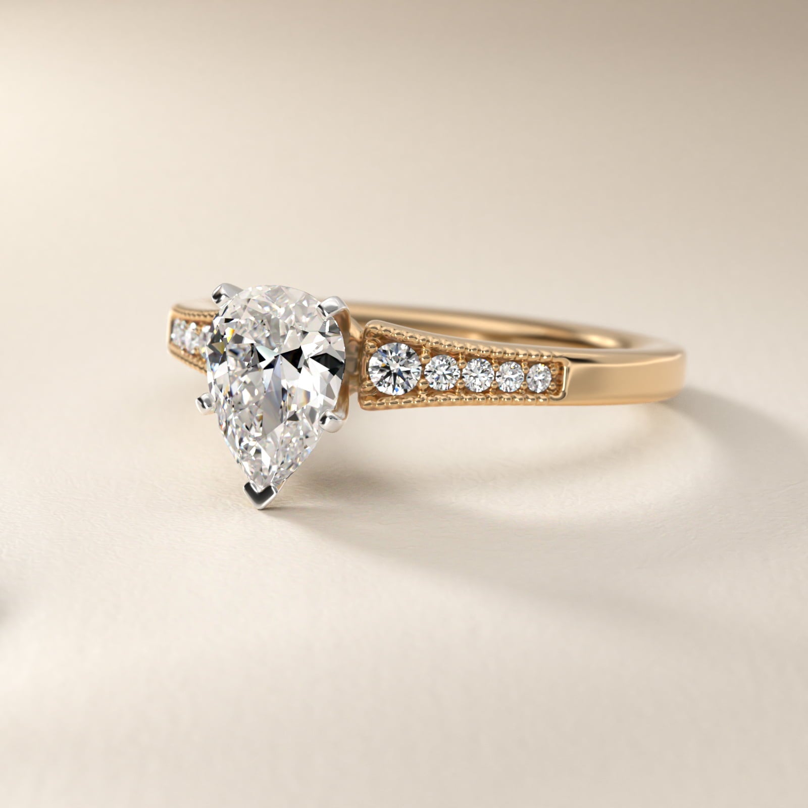 Graduated Milgrain Diamond Engagement Ring in 14k Yellow Gold (1/10 ct. tw.) - Pear Center