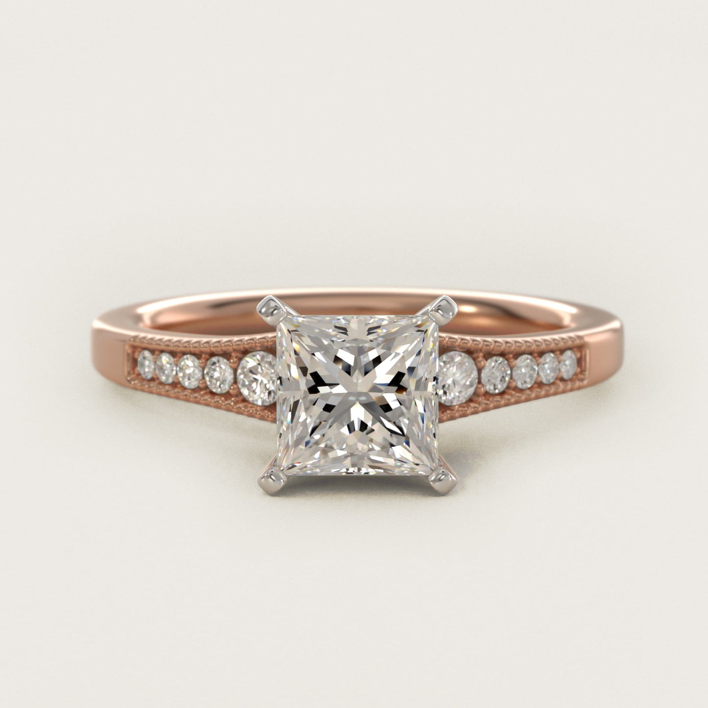 Graduated Milgrain Diamond Engagement Ring in 18k Rose Gold (1/10 ct. tw.) - Princess Center
