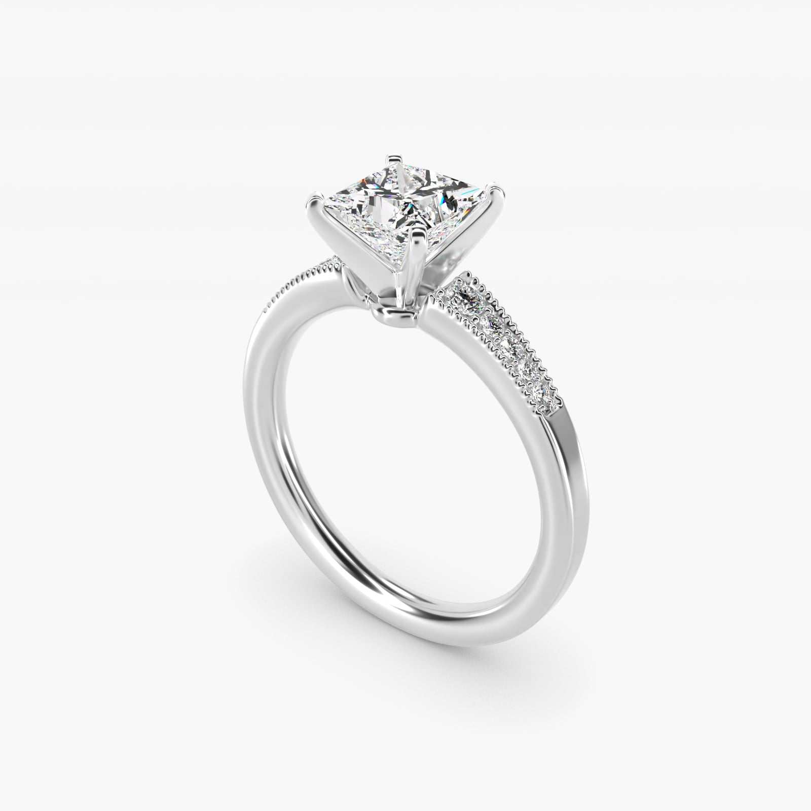 Graduated Milgrain Diamond Engagement Ring in 14k White Gold (1/10 ct. tw.) - Princess Center