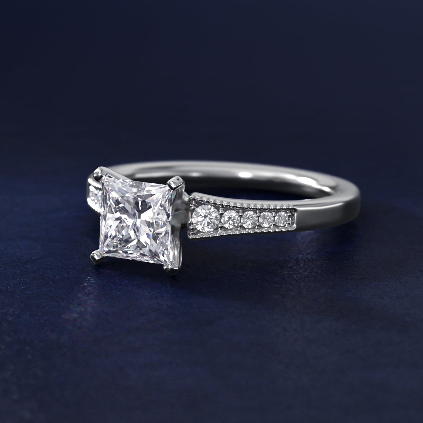 Graduated Milgrain Diamond Engagement Ring in 14k White Gold (1/10 ct. tw.) - Princess Center