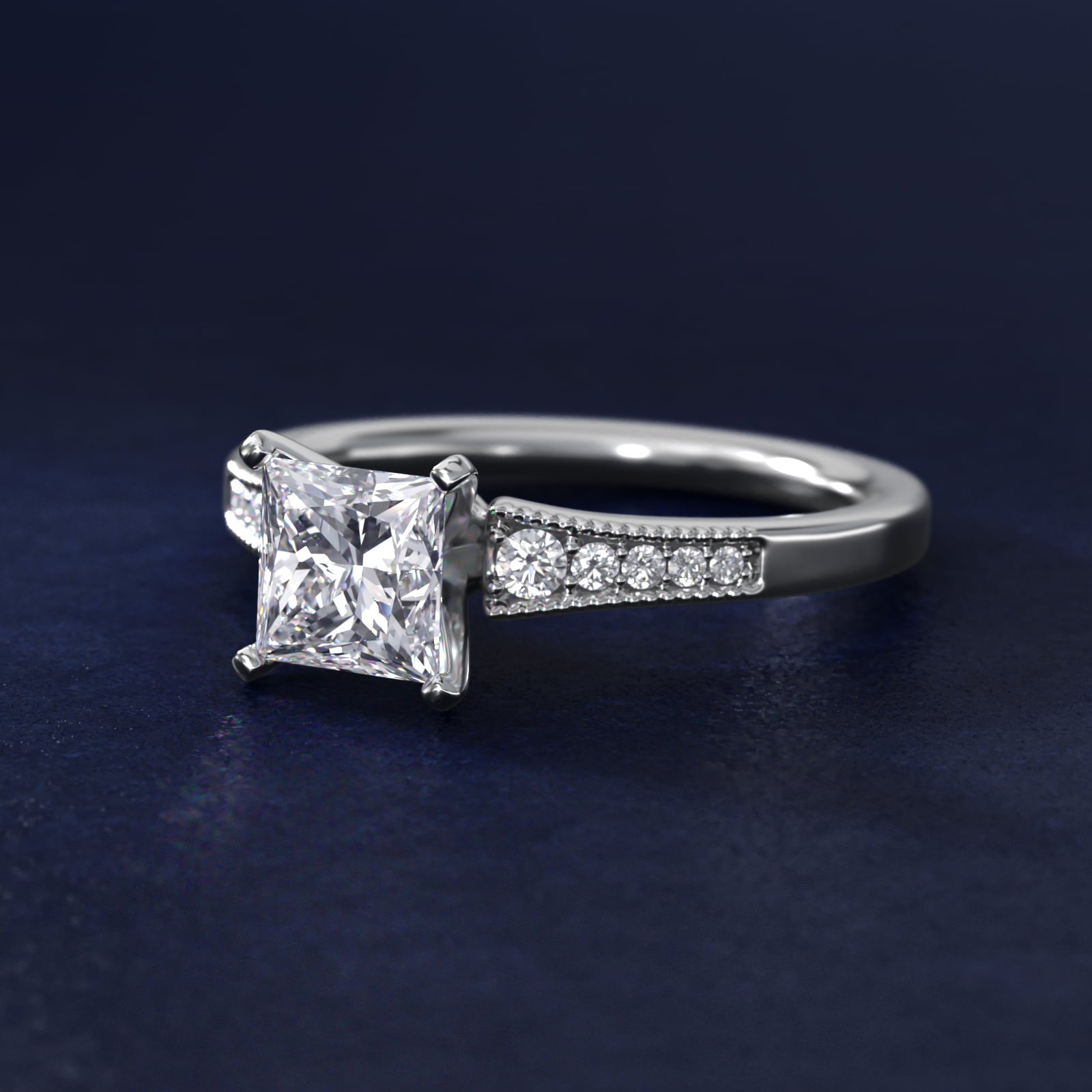Graduated Milgrain Diamond Engagement Ring in 14k White Gold (1/10 ct. tw.) - Princess Center