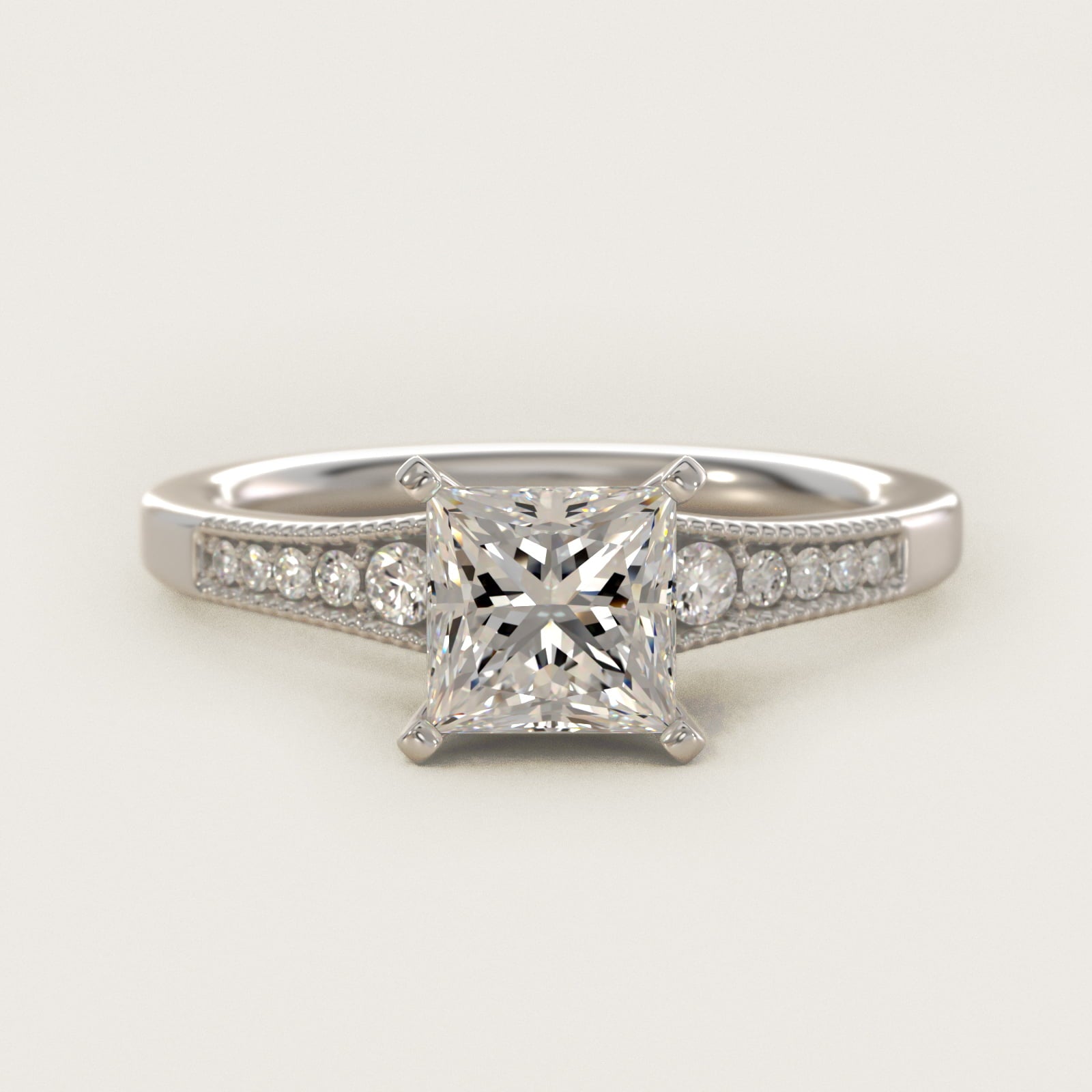 Graduated Milgrain Diamond Engagement Ring in 14k White Gold (1/10 ct. tw.) - Princess Center