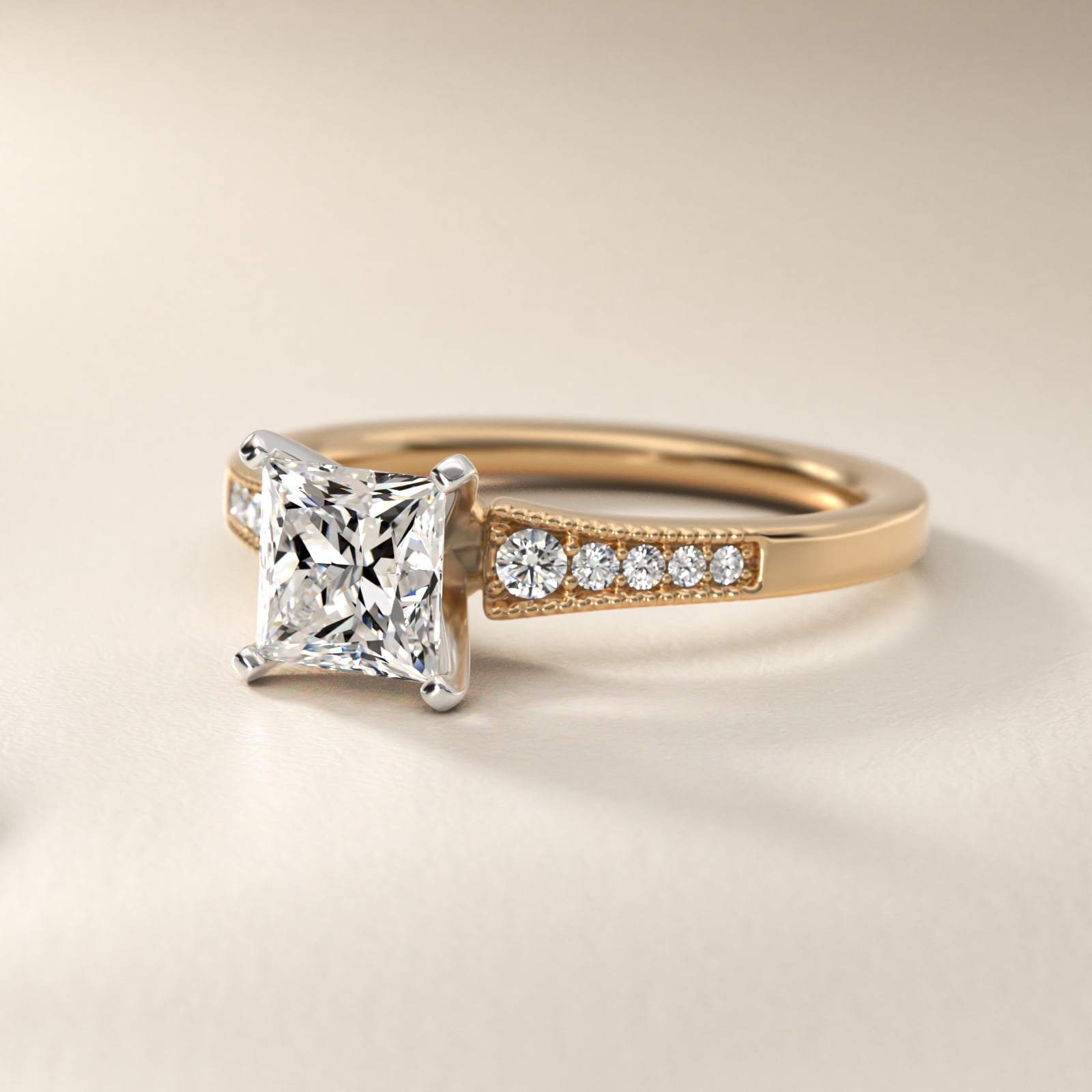 Graduated Milgrain Diamond Engagement Ring in 14k Yellow Gold (1/10 ct. tw.) - Princess Center
