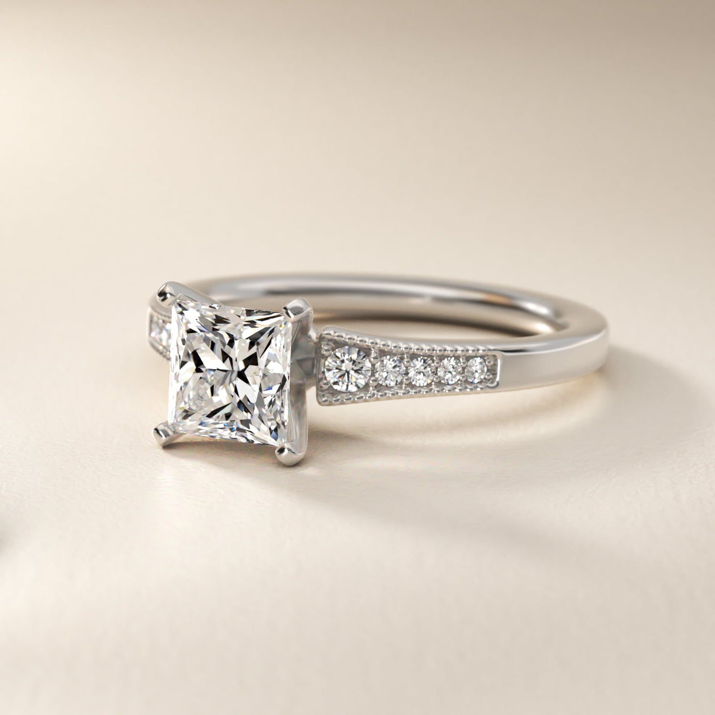 Graduated Milgrain Diamond Engagement Ring in Platinum (1/10 ct. tw.) - Princess Center