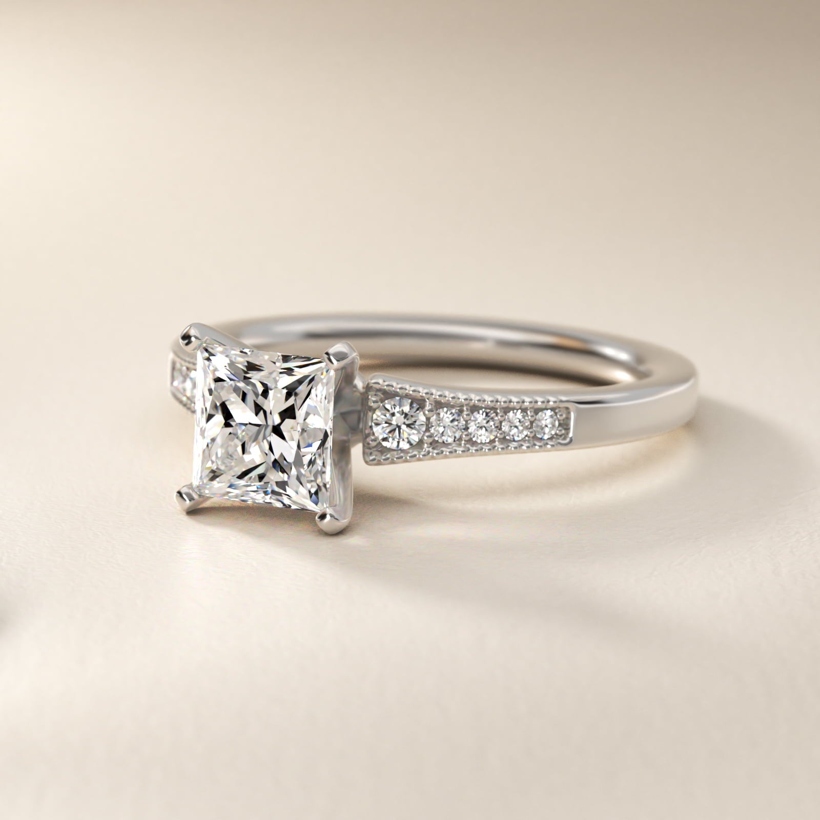 Graduated Milgrain Diamond Engagement Ring in Platinum (1/10 ct. tw.) - Princess Center