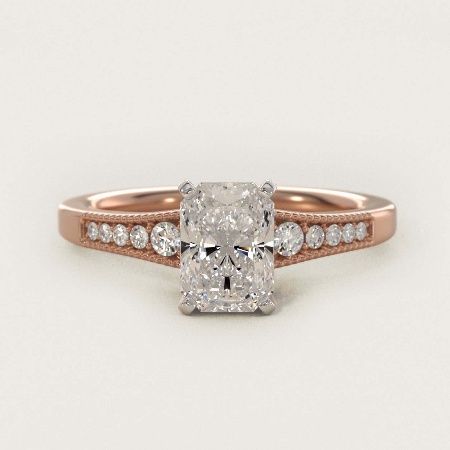Graduated Milgrain Diamond Engagement Ring in 18k Rose Gold (1/10 ct. tw.) - Radiant Center