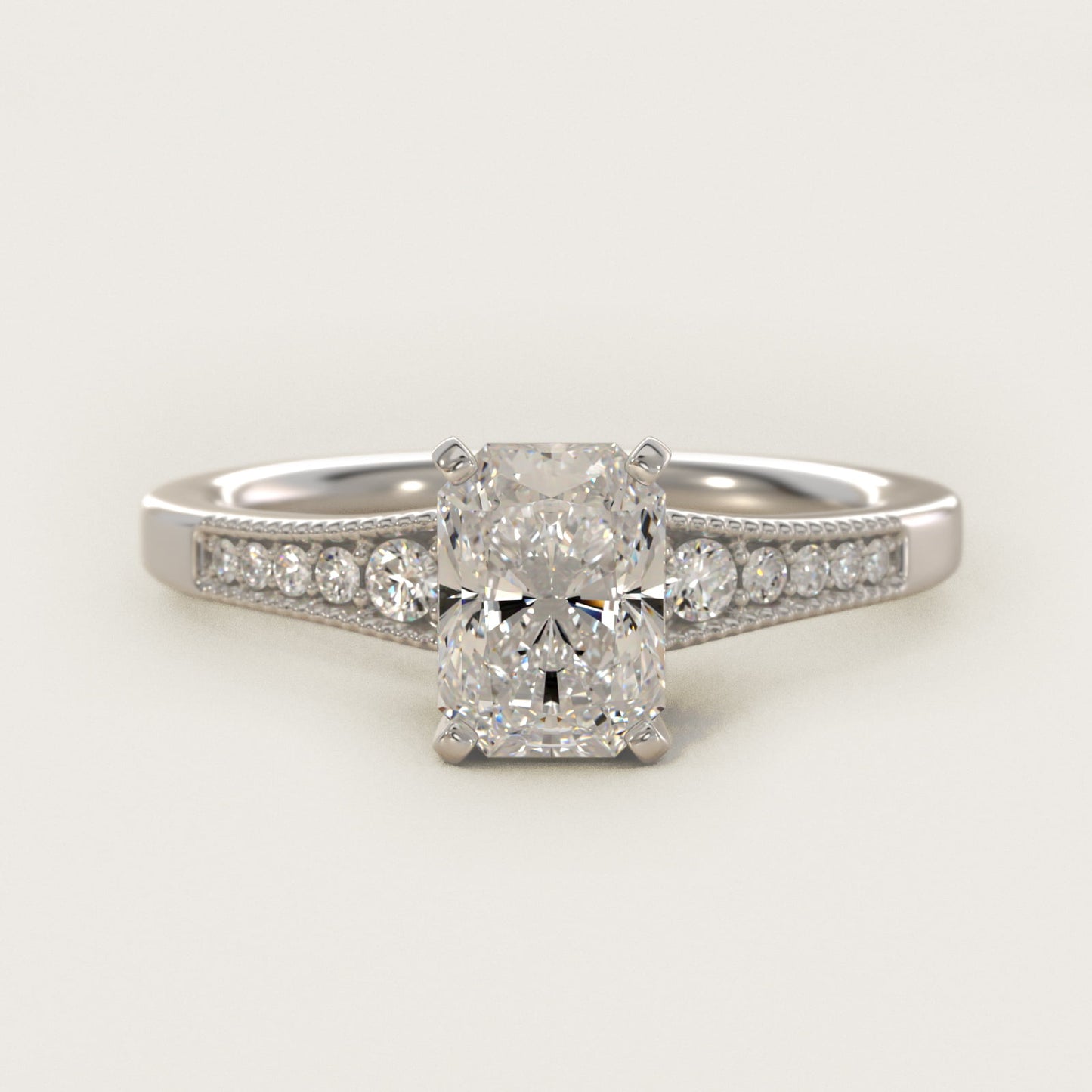 Graduated Milgrain Diamond Engagement Ring in 18k White Gold (1/10 ct. tw.) - Radiant Center