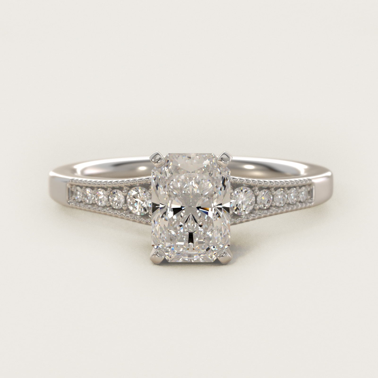 Graduated Milgrain Diamond Engagement Ring in 18k White Gold (1/10 ct. tw.) - Radiant Center