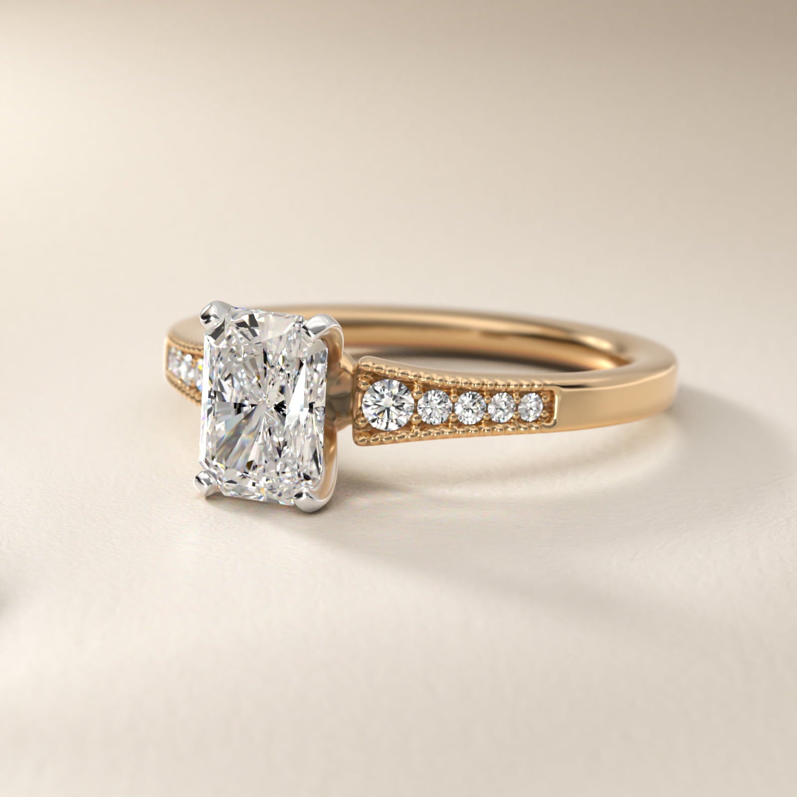 Graduated Milgrain Diamond Engagement Ring in 14k Yellow Gold (1/10 ct. tw.) - Radiant Center
