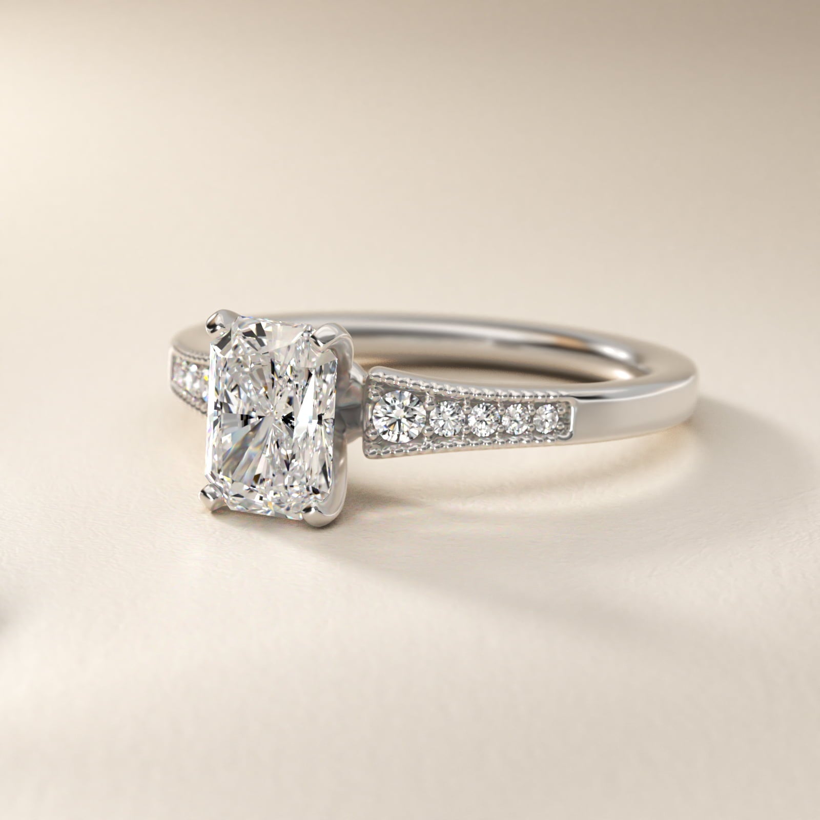 Graduated Milgrain Diamond Engagement Ring in Platinum (1/10 ct. tw.) - Radiant Center