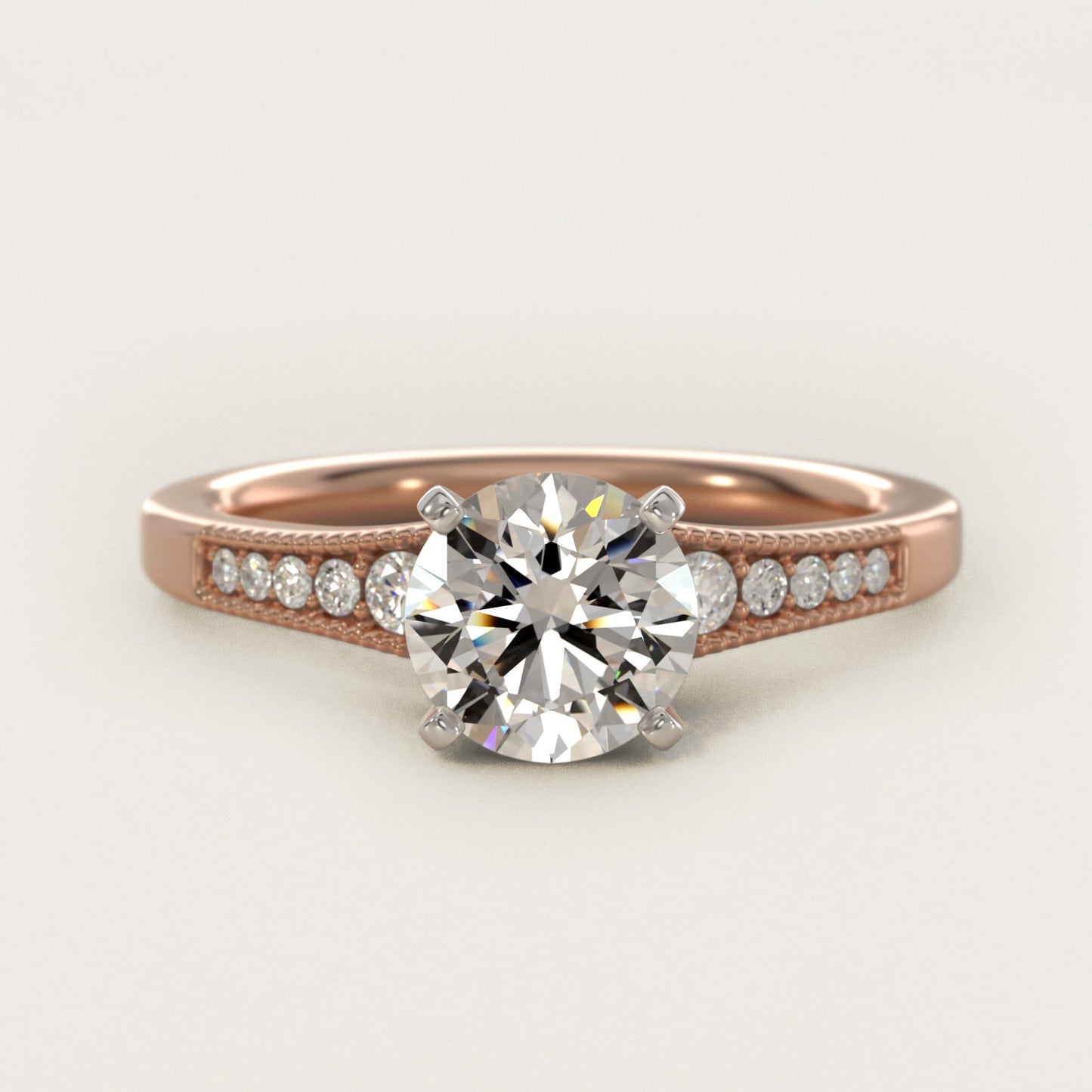 Graduated Milgrain Diamond Engagement Ring in 18k Rose Gold (1/10 ct. tw.) - Round Center