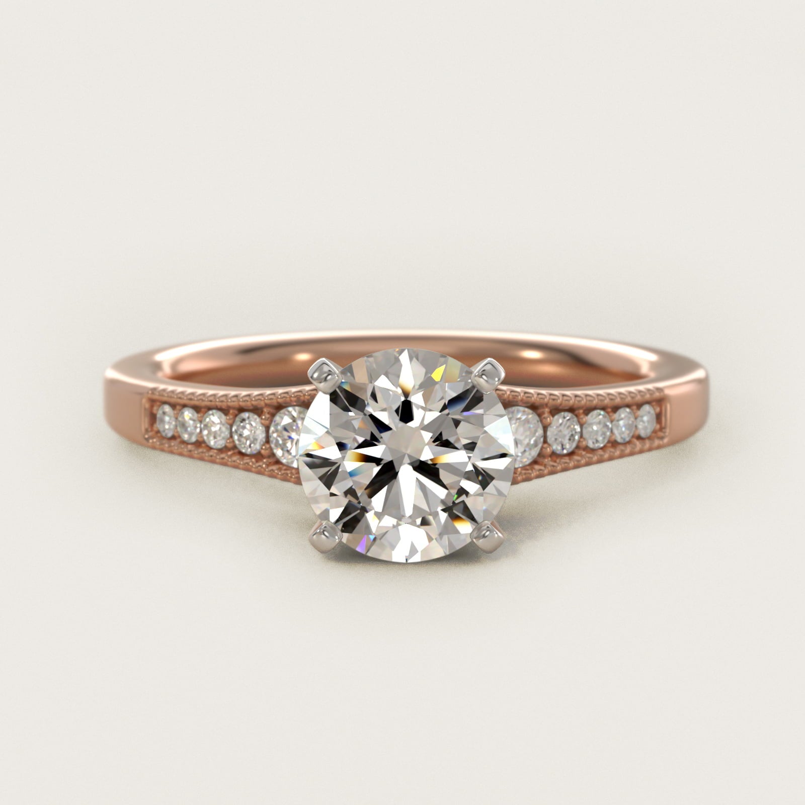 Graduated Milgrain Diamond Engagement Ring in 18k Rose Gold (1/10 ct. tw.) - Round Center