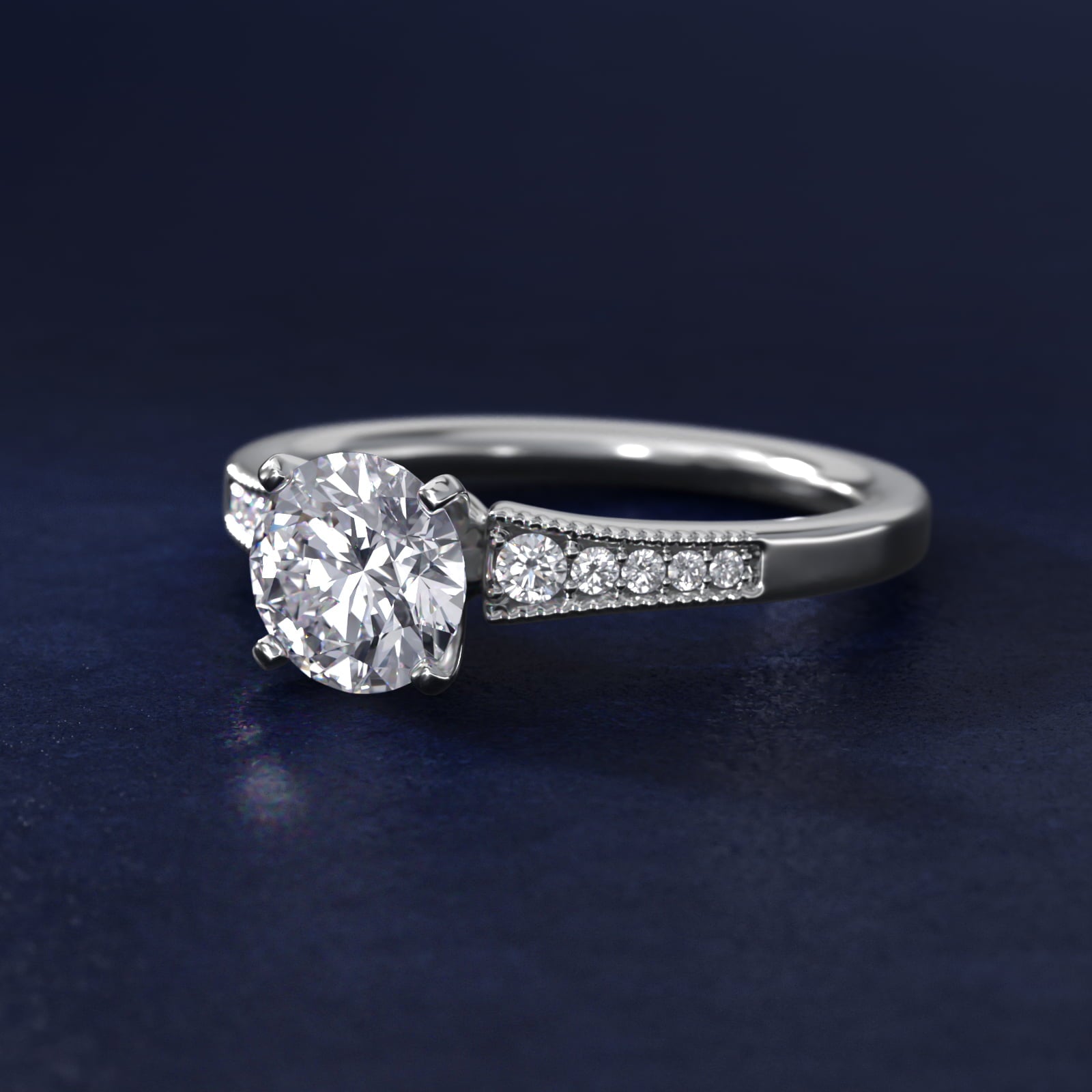Graduated Milgrain Diamond Engagement Ring in 14k White Gold (1/10 ct. tw.) - Round Center