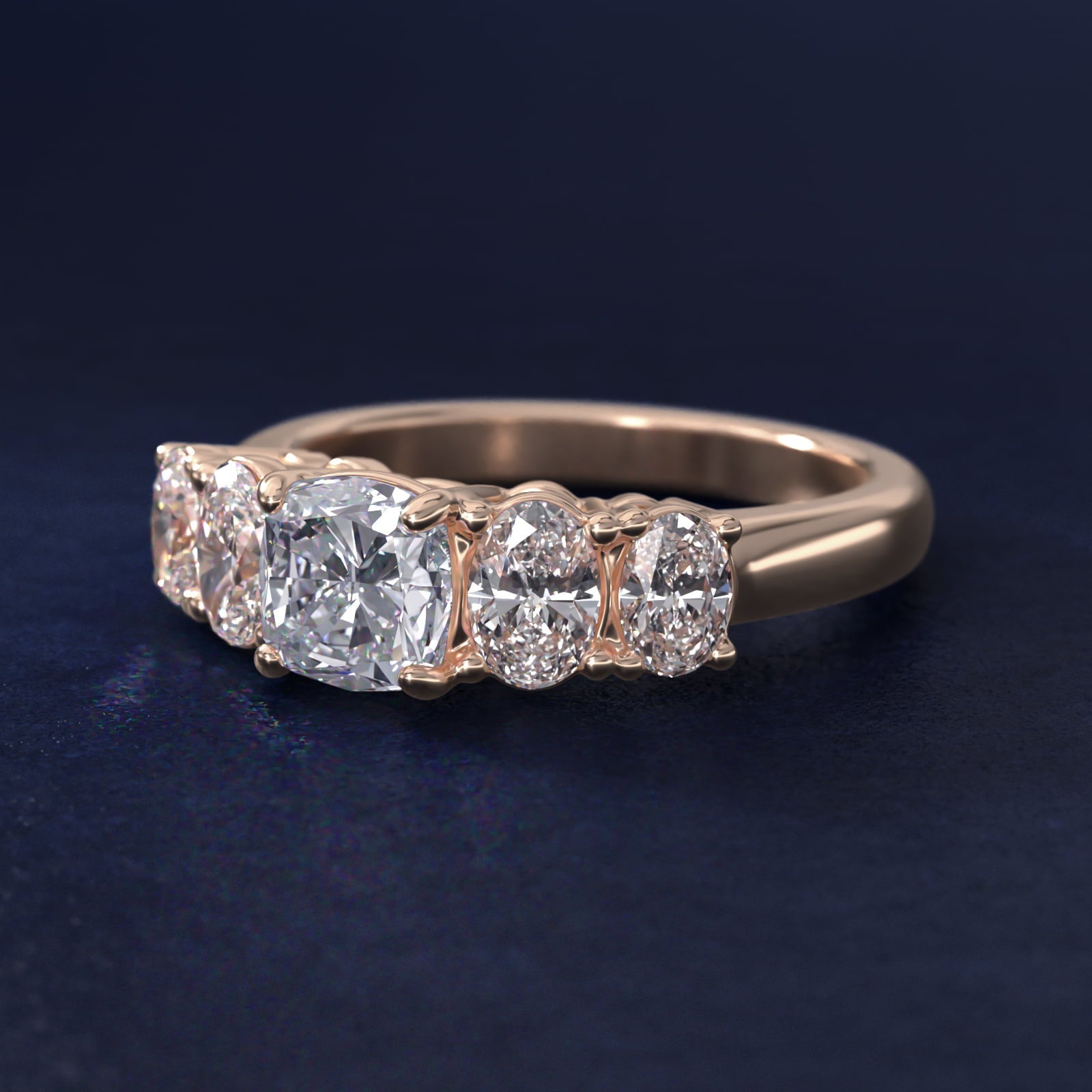 Graduated Oval Diamond Engagement Ring in 18k Rose Gold (1/2 ct. tw.) - Cushion Center