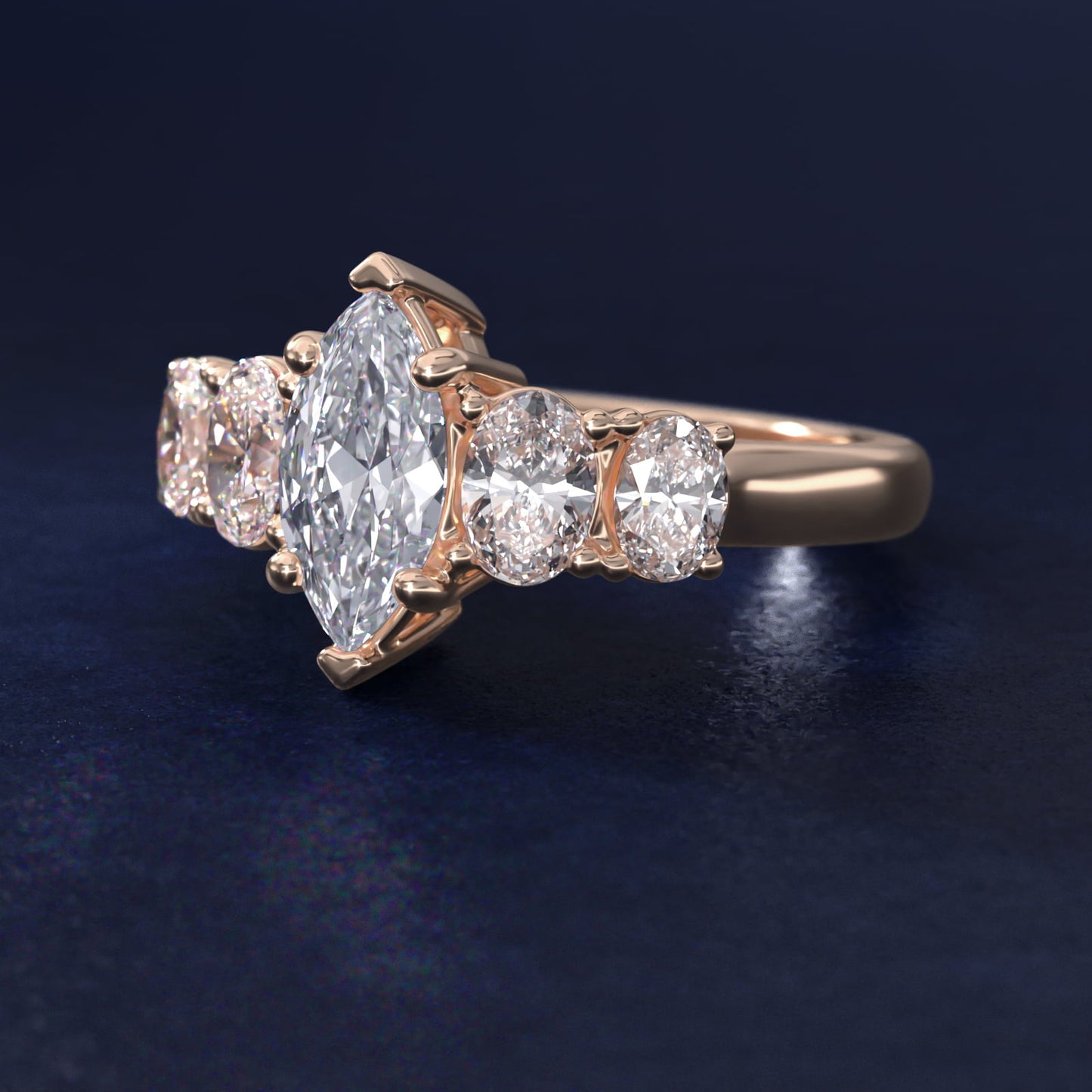 Graduated Oval Diamond Engagement Ring in 14k Rose Gold (1/2 ct. tw.) - Marquise Center