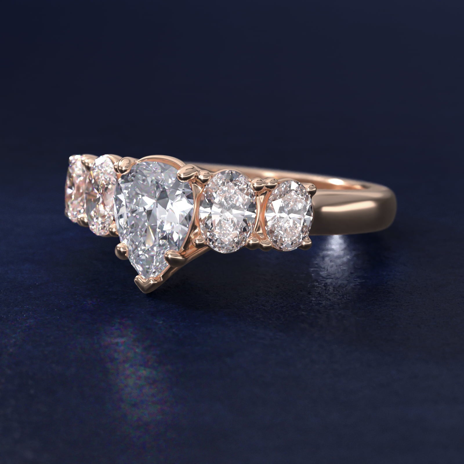 Graduated Oval Diamond Engagement Ring in 18k Rose Gold (1/2 ct. tw.) - Pear Center